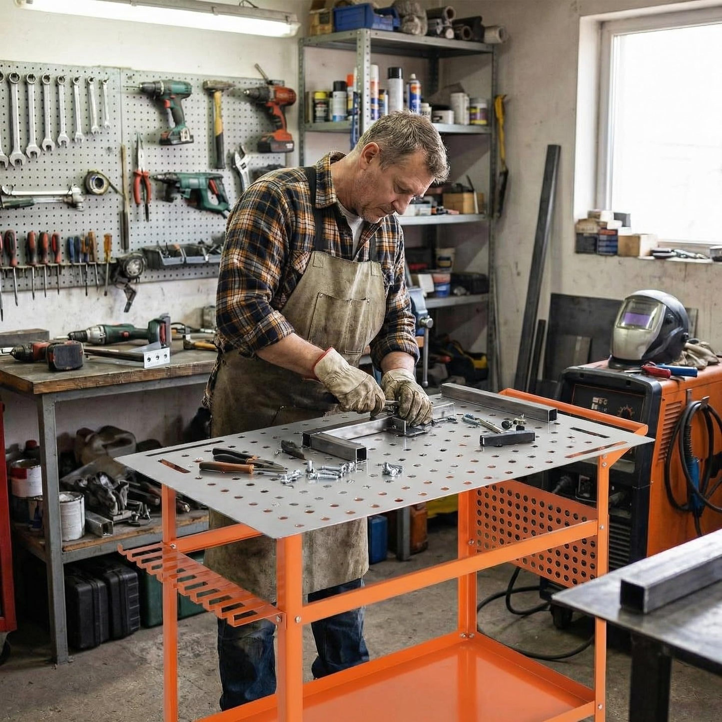 Welding Table, 36" x 24" Welding Workbench with 800LBS Steel Frame, Portable Welding Bench with 2 Brake Wheels & 4 Adjustable Feet, Side Hanging Board, 178 5/8" Fixture Holes for Garage Workshop