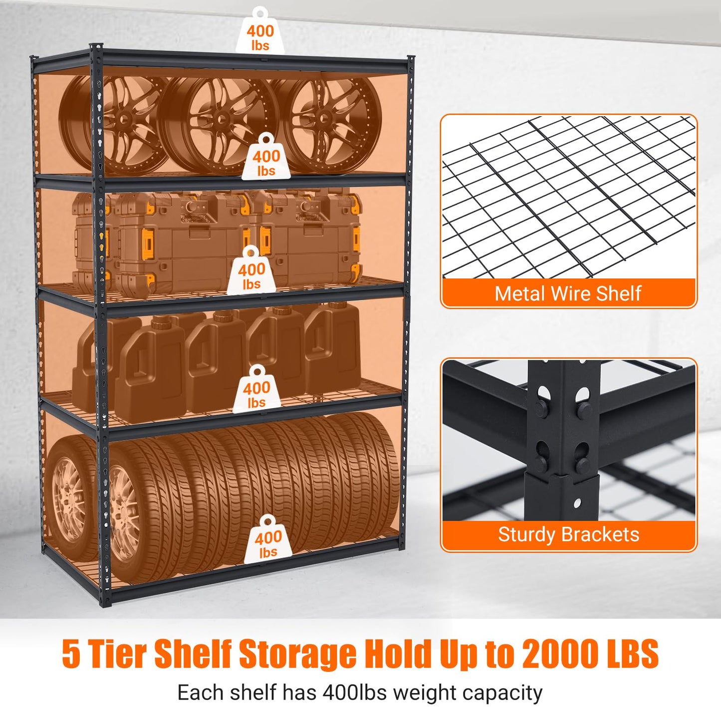 CABIHOME 48"X24"X72" Heavy Duty Garage Shelving Units, 5-Tier Adjustable Storage Shelves, Loads 2500 LBS, Adjustable Garage Storage Shelving, Metal Storage Utility Racks Shelf Unit