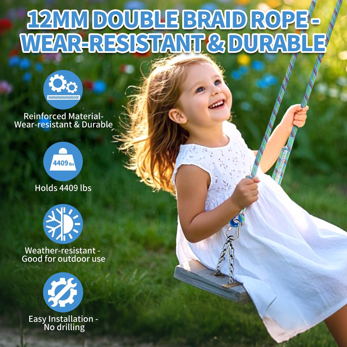 Werfeito Tree Swing Ropes (Set of 2), 3FT/5FT/10FT/15FT/20FT, Tree Swing Straps Hanging Kit Holds 4400 lbs, Heavy Duty Carabiners for All Swing Hammock Playground Set Accessories (20 FT)
