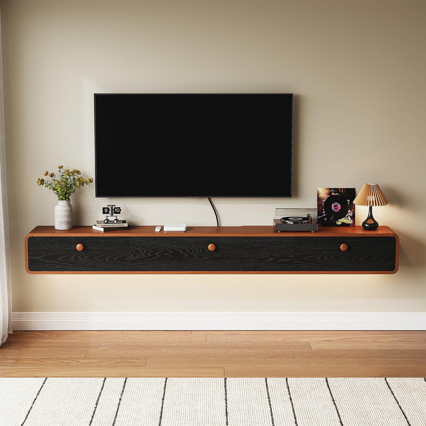 FurniNova Floating TV Console with 3 Doors,Natural Wood Veneer Wall Mounted TV Shelf,Floating Entertainment Center Media Console with Storage for Living Room Bedroom,55inch Walnut