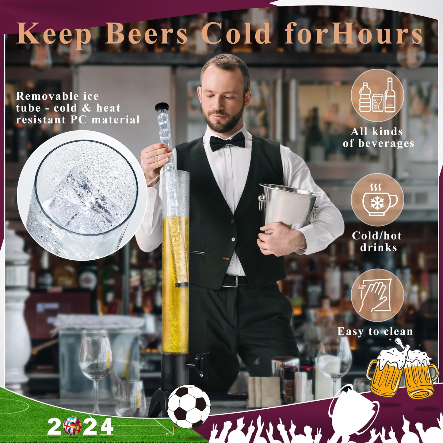 COSYOO 2PCS Drink Tower, 3L Mimosa Tower Dispenser With Ice Tube and Led Light, Tabletop Beer Dispenser 3.17 Qt./100oz, Ideal for Parties Bars Pubs Restaurants