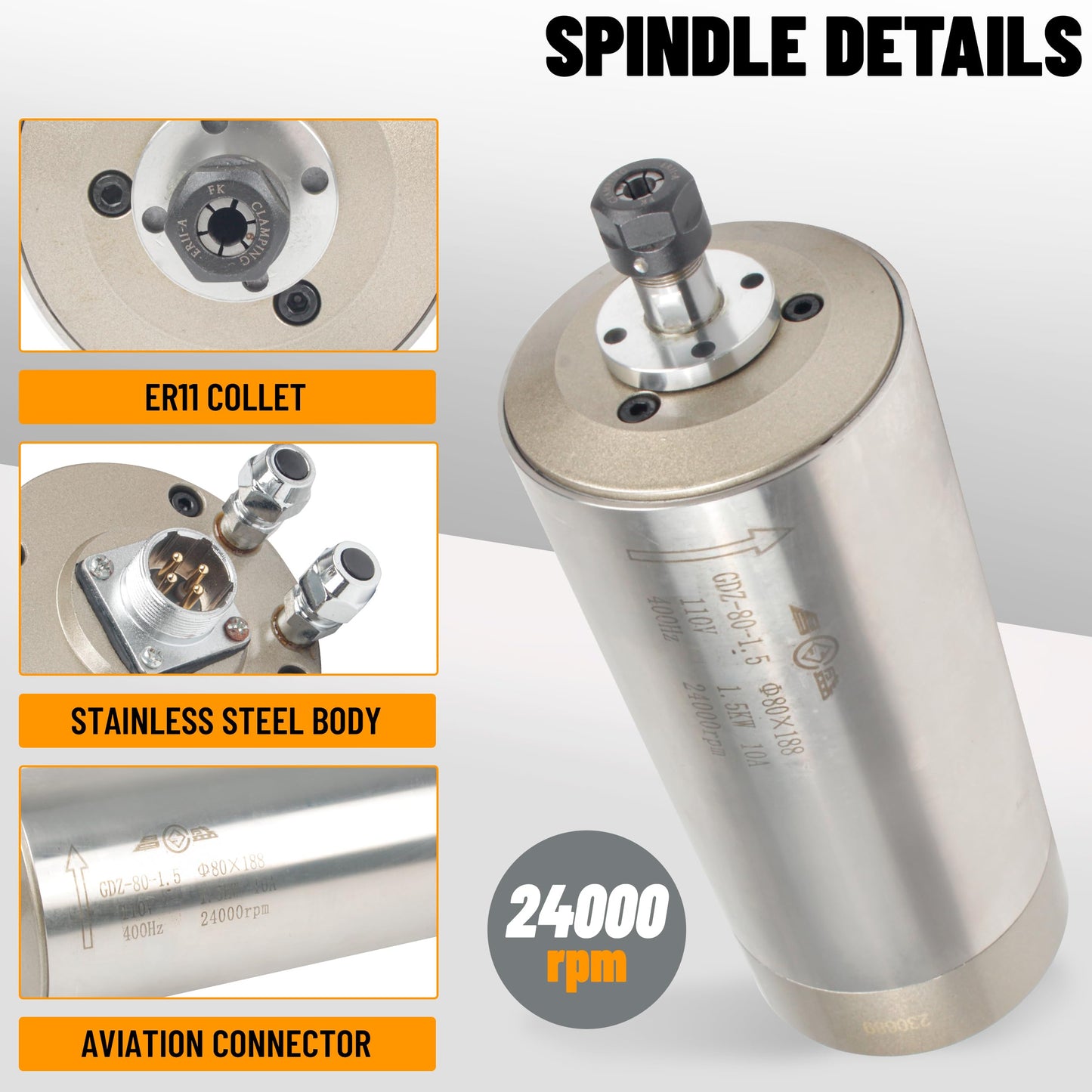 RATTMMOTOR 1.5KW Water Cooled Spindle Kit 80mm Spindle Motor 1500W 110V 400HZ+1.5KW VFD 110V Single to 3 Phase Inverter Variable Frequency Drive+80mm Spindle Mount+ER11 Collet+80W Water Pump for CNC
