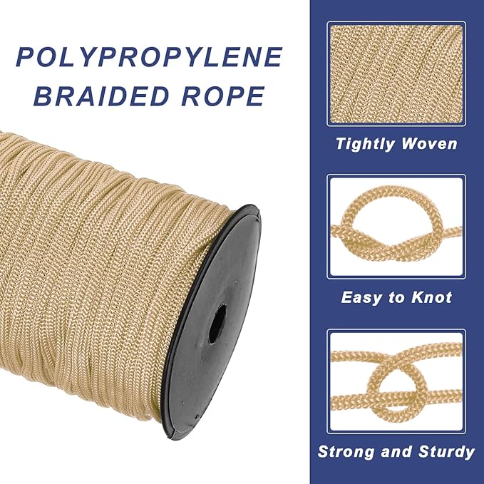 MECCANIXITY 3/16 Inch Polypropylene Rope Braided Ropes, 328ft Nylon Rope Hollow Utility Cord for Clothesline, Camping, Hiking, Outdoor, Khaki