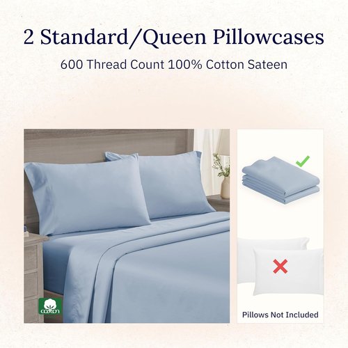 Luxuriously Soft 600 Thread Count Cotton Pillowcases - Set of 2 in Blue for Standard & Queen Pillows