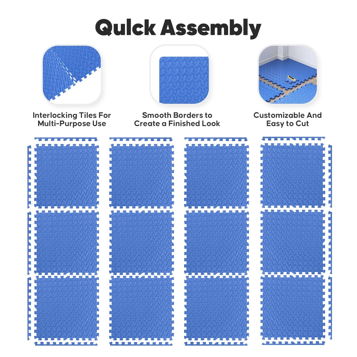 Home Gym Mat, Puzzle Exercise Mat, of EVA Interlocking Foam Floor Tiles for Home Workout Equipment and Kids' Play Areas - Blue, 24 in x 24 in x ½ in - 16 Tiles (Blue, 16 Pack 64 sq ft)