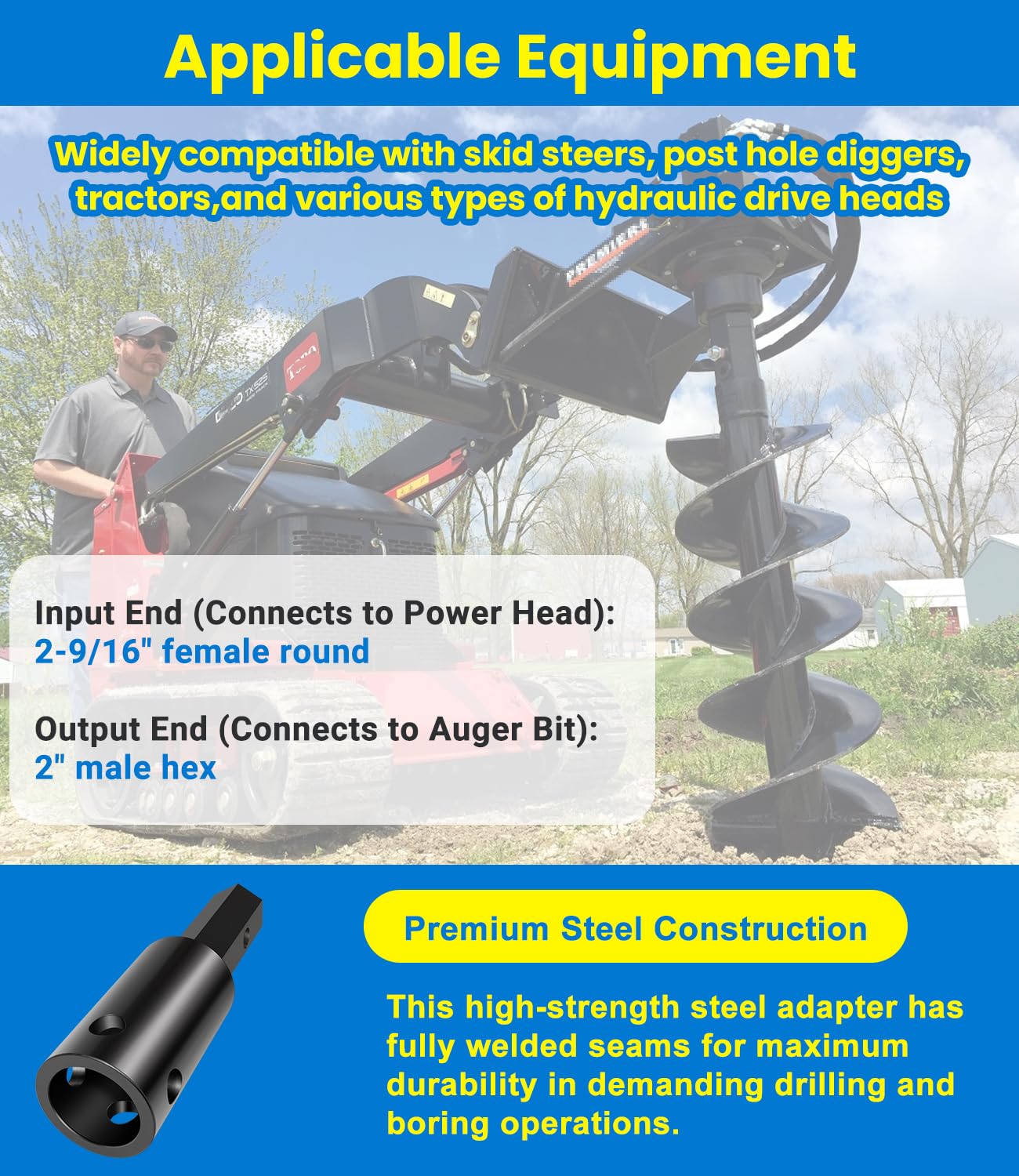 Heavy Duty Auger Adapter 2-9/16" Female Round to 2" Male Hex for Augers, Skid Steers, Tractors, Post Hole Diggers