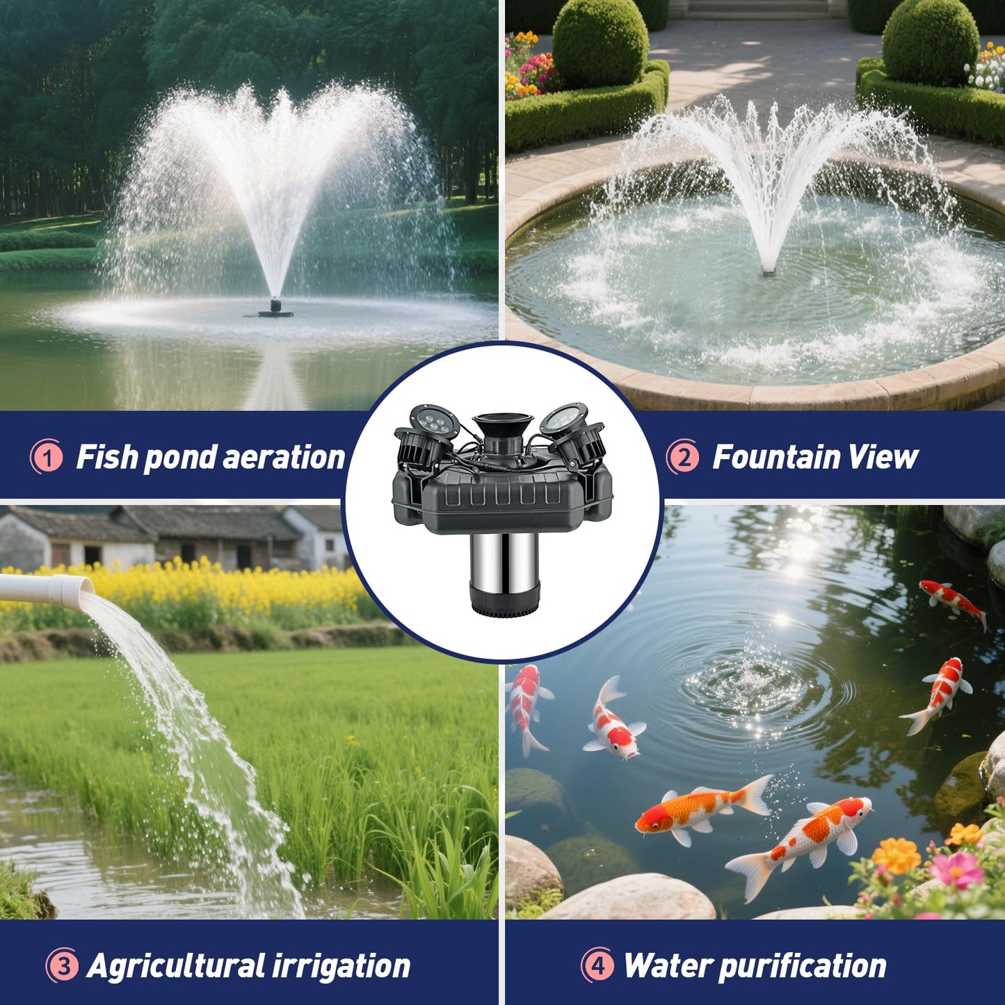 ShuDwrpu Premium LED Pond Fountain with RGB Lighting System, Stainless Steel Rotor, All-Copper Motor, Remote Control, Dynamic Color Changing, for Garden Ponds (Without Light)