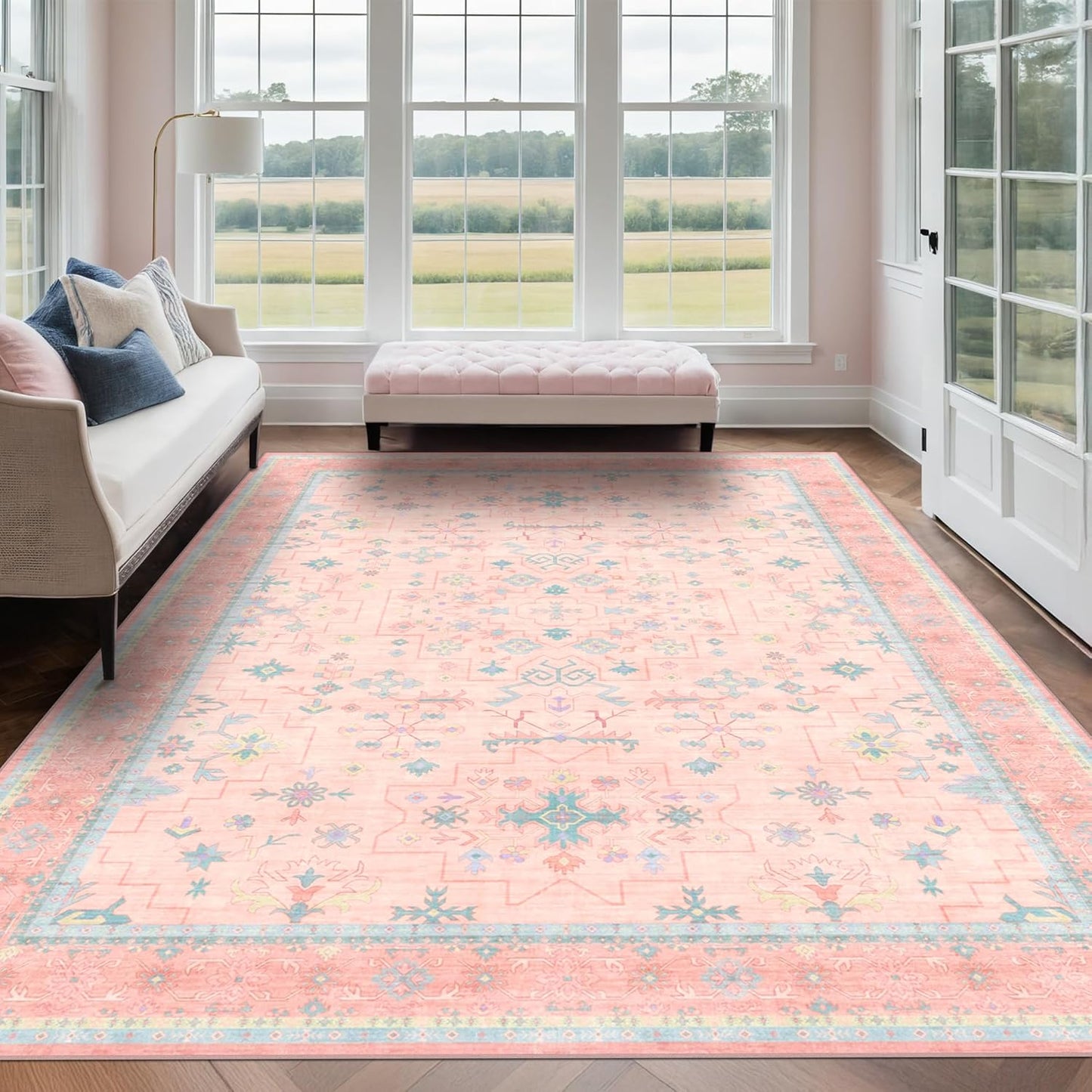 Oushak Rugs | Washable 8x10 Pink and Blue Floral Design | Soft Faux Wool, Non-Slip, Stain Resistant for Bedroom & Living Room