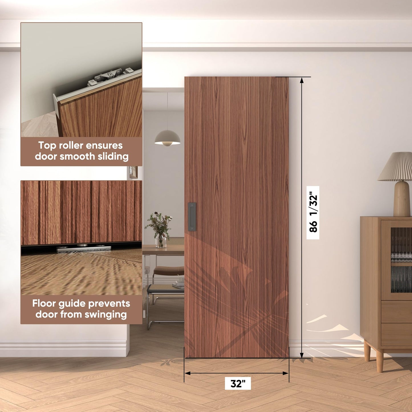 JUBEST 32"x86" Concealed Sliding Barn Door with Soft Close Hardware Kit, Brown Hidden Door for Opening 24"-28"x84", Waterproof and Modern, Smooth Sliding, for Interior Using, Widely Used