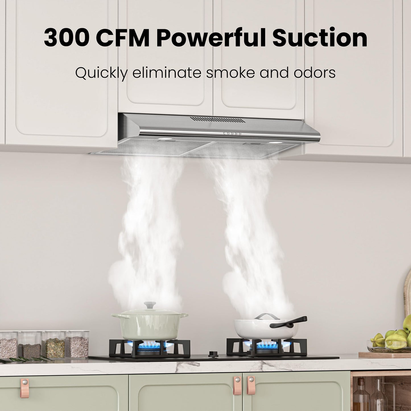 FIREGAS 30 Inch Under Cabinet Range Hood, 300 CFM Ducted/Ductless Kitchen Vent Hood Over Stove, 3-Speed Exhaust Fan with LED Light, Reusable Filter & Charcoal Filter, Stainless Steel