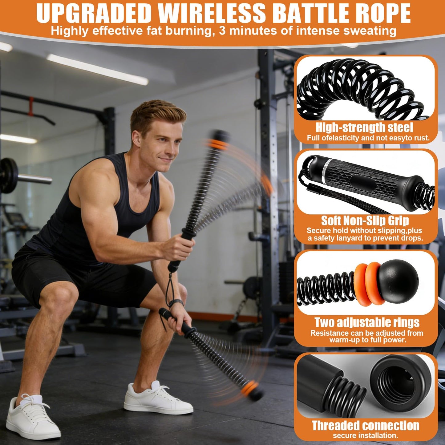 CALLECK Ropeless Adjustable Weighted Battle Rope, No Anchor No Drilling Heavy Fitness Training Rope for Apartment Small Space Home Gym, Full Body HIIT Workout Equipment for Indoor Exercise (Black)