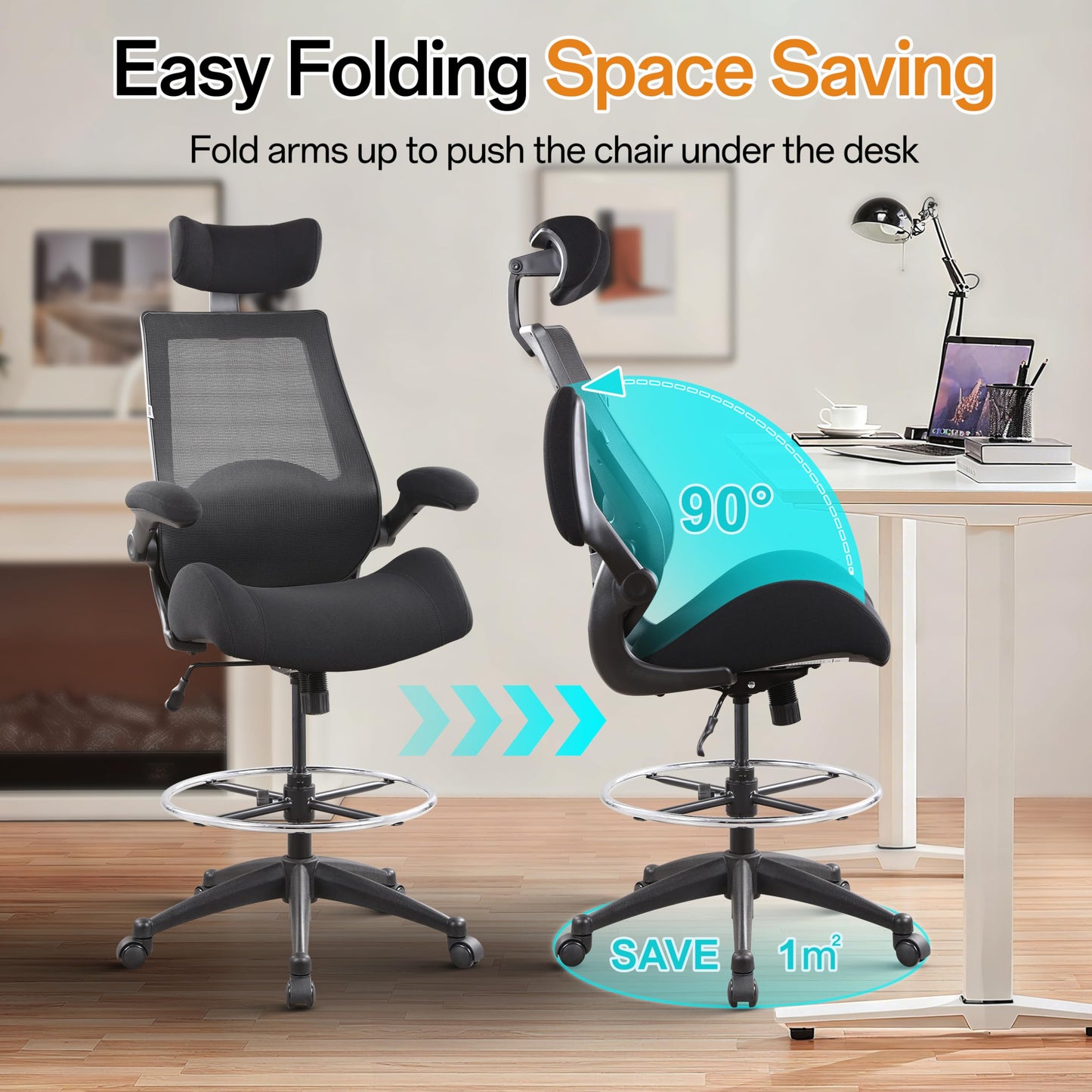 BOLISS Drafting Tall Office Chair 400lbs High Back Wide Standing Desk Chair Comfortable with Flip up Armrests Lumbar Support Adjustable Big Footrest Ring(Black)