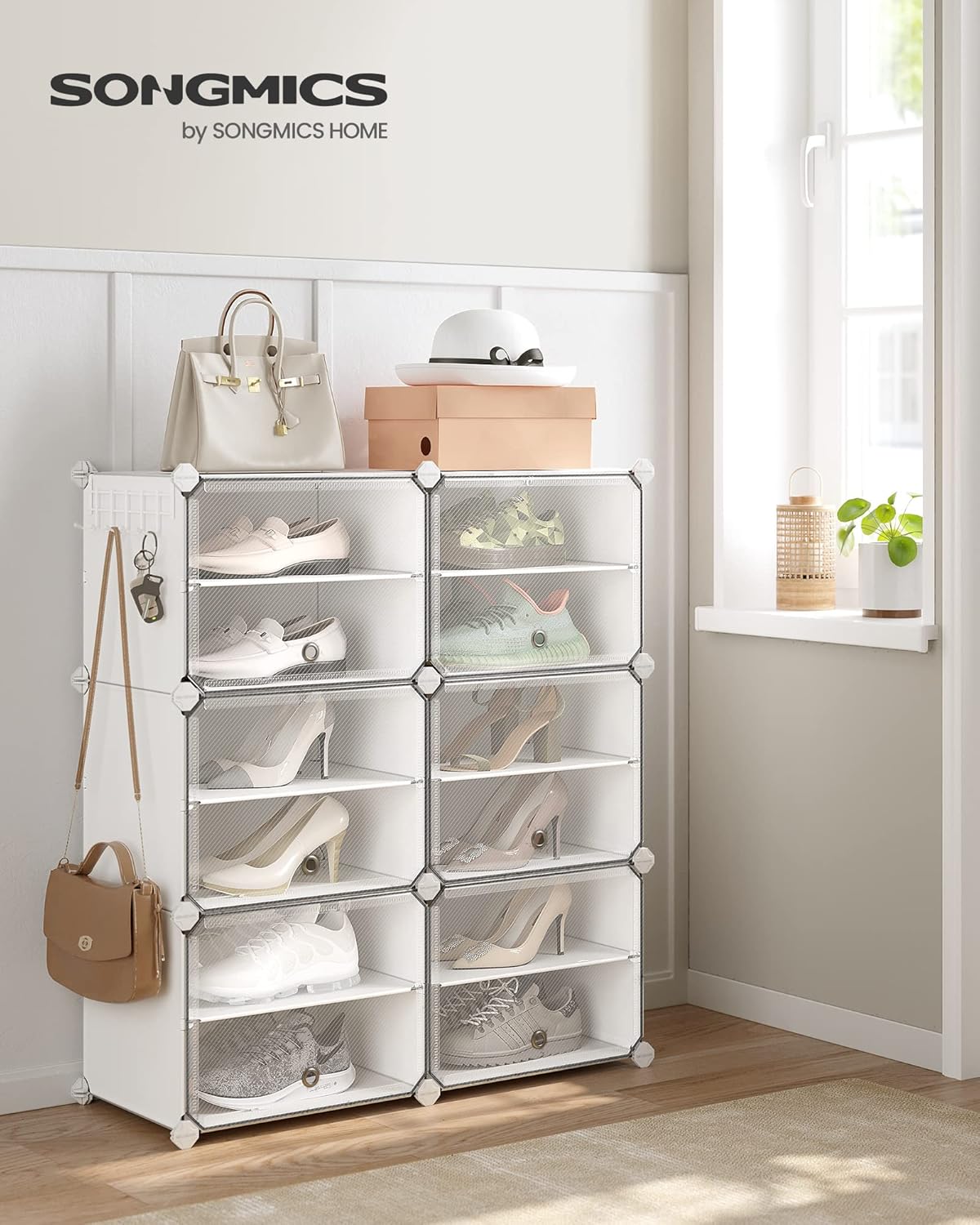 SONGMICS Shoe Rack Organizer - 6-Tier Adjustable Shoe Storage Cabinet | Holds 24 Pairs, Cloud White & Transparent