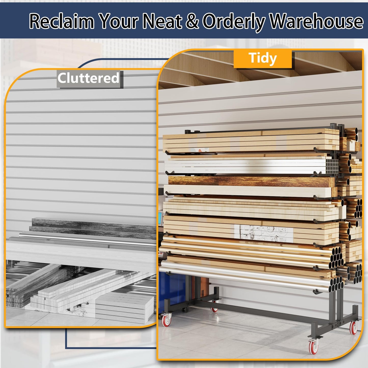 Lumber Storage Rack, 2000lbs Heavy Duty Freestanding Pipe Rack with 7 Tiers, Double-Sided Wood Storage Shelves with 4 Silent Casters, for Garage Workshop Basement, 59.84"L x 35.43"W x 65.74"H, Black