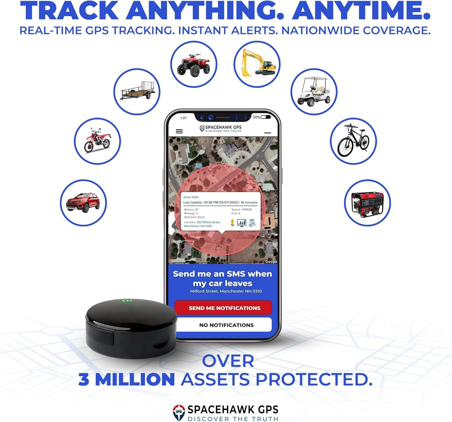 SpaceHawk GPS Assets Tracker - Real-Time Mini GPS System. Hidden GPS Tracking Device for Cars, Trucks, Trailers