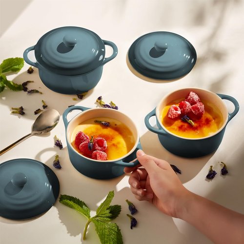 Kook Ceramic Mini Cocotte Set - Small Casserole Dishes with Lids | Oven Safe 350°F, 12 oz, Set of 4 (Stone Ombre)