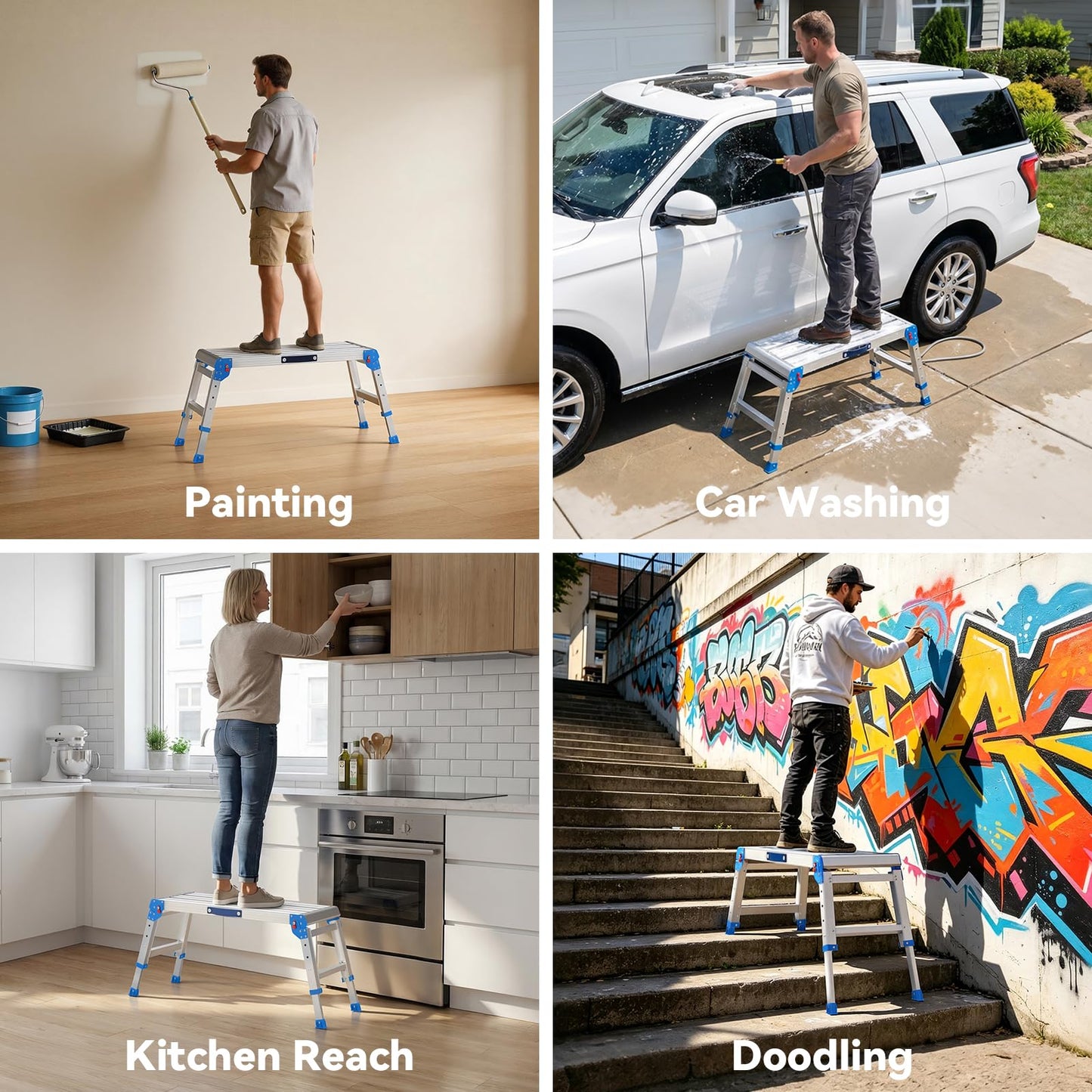 Loyoda Heavy Duty Work Platform, 600 lbs Capacity Folding Work Platform with One-Touch Automatic Fold, 4 Levels Adjustable Height, Portable Step Stool for Home Repair, Painting, Car Wash, Kitchen