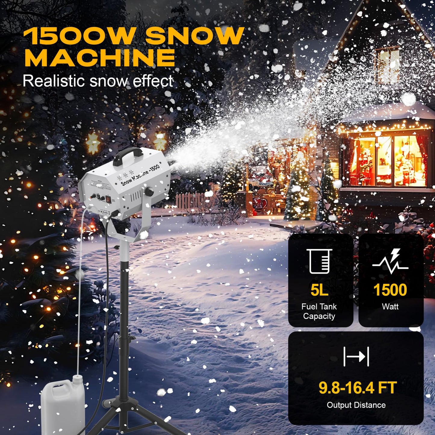 UPGREY 1500W Snow Machine for Outdoors and Indoors w/Tripod, Fake Snow Maker for Party with LED, Remote Controller and Fluid Tank