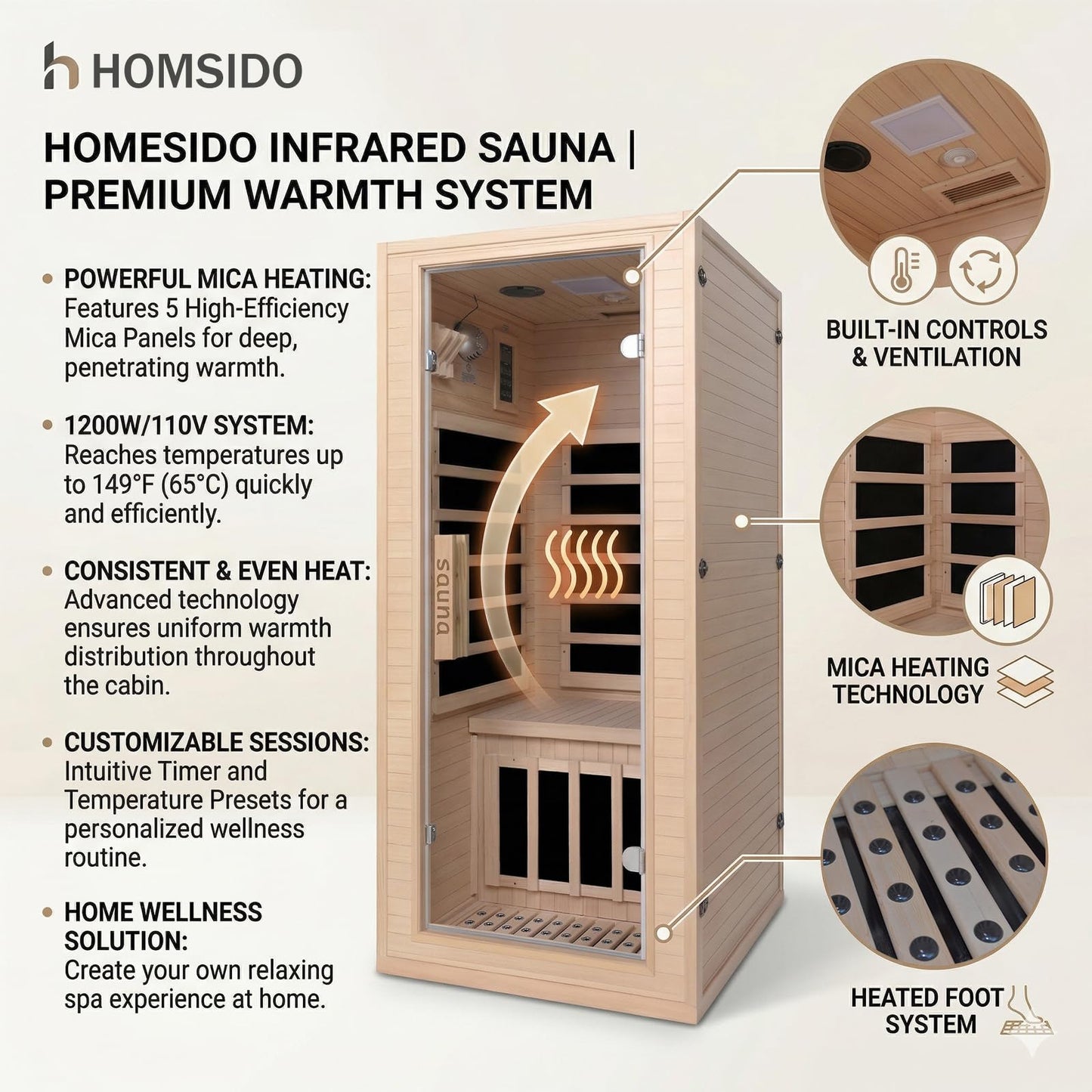 Homsido 1-Person Far Infrared Sauna, Canadian Hemlock Wood, 1200W 5-Panel Heat, 7-Color Ambient Light & Oxygen Bar, Bluetooth, 149°F Max Temp, Personal Home Sauna for Gym/Apartment, 32"x34"x67"