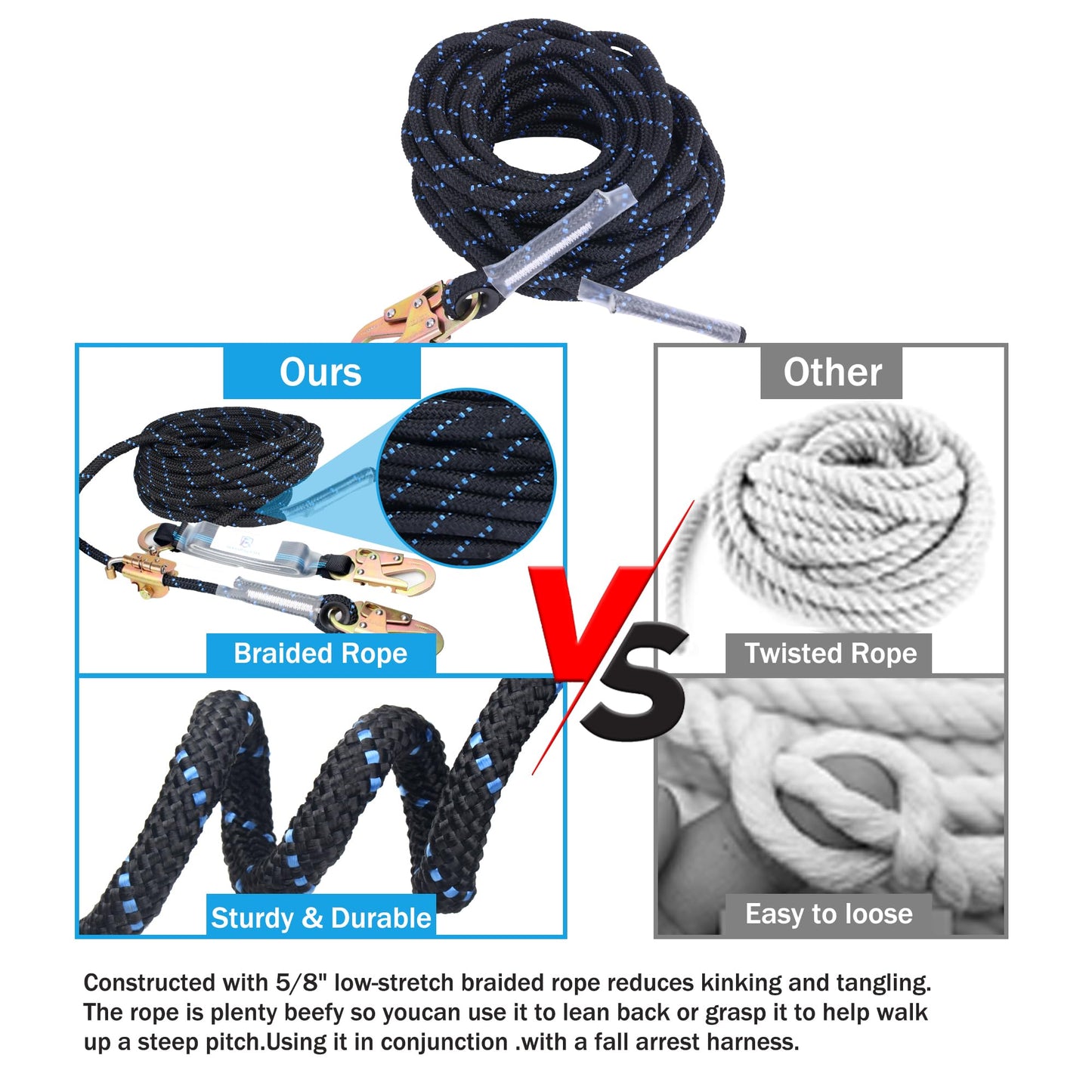 FHFallArrest 50FT Vertical Lifeline Assembly with Alloy Steel Anti-Panic Rope Grab Snap Hook Shock Absorb Lanyard, Fall Protection Rope Safety Climbing Equipment Roofing Safety Kit, CE ANSI OSHA Rated
