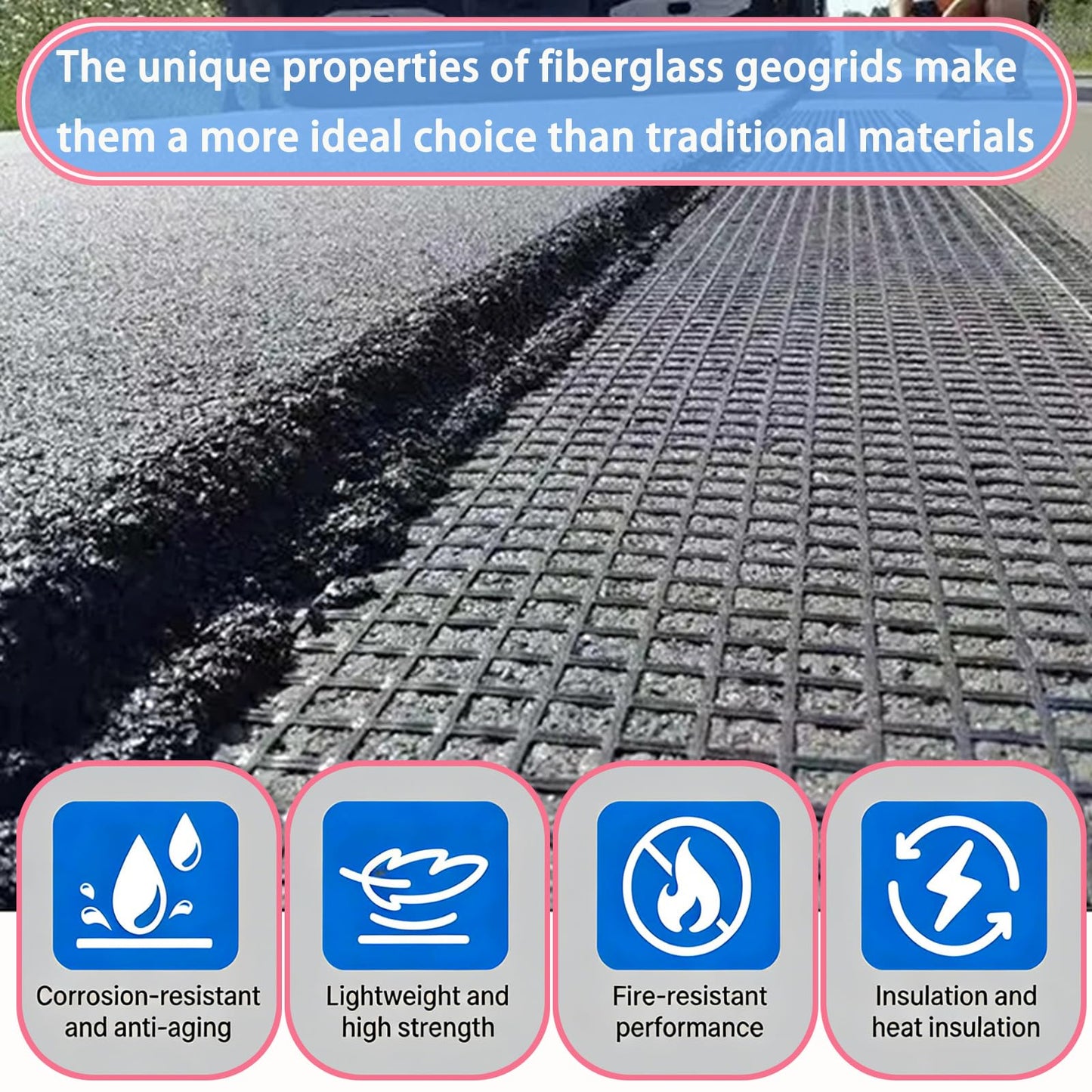 Retaining Wall Geogrid - Geogrid for Retaining Walls,4' x 98' Fiberglass Tensile Force Value 50KN,Ideal for Slope Reinforcement,Road Expansion and Pavement Maintenance