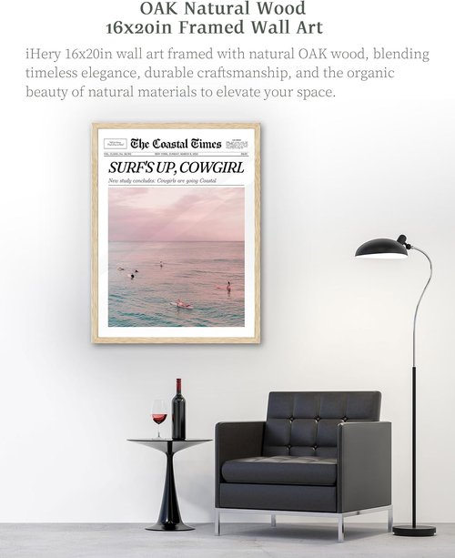 iHery Coastal Cowgirl Wall Art - Trendy Beige Oak Framed Prints | Large 16x20in Canvas Decor for Bedroom & Living Room
