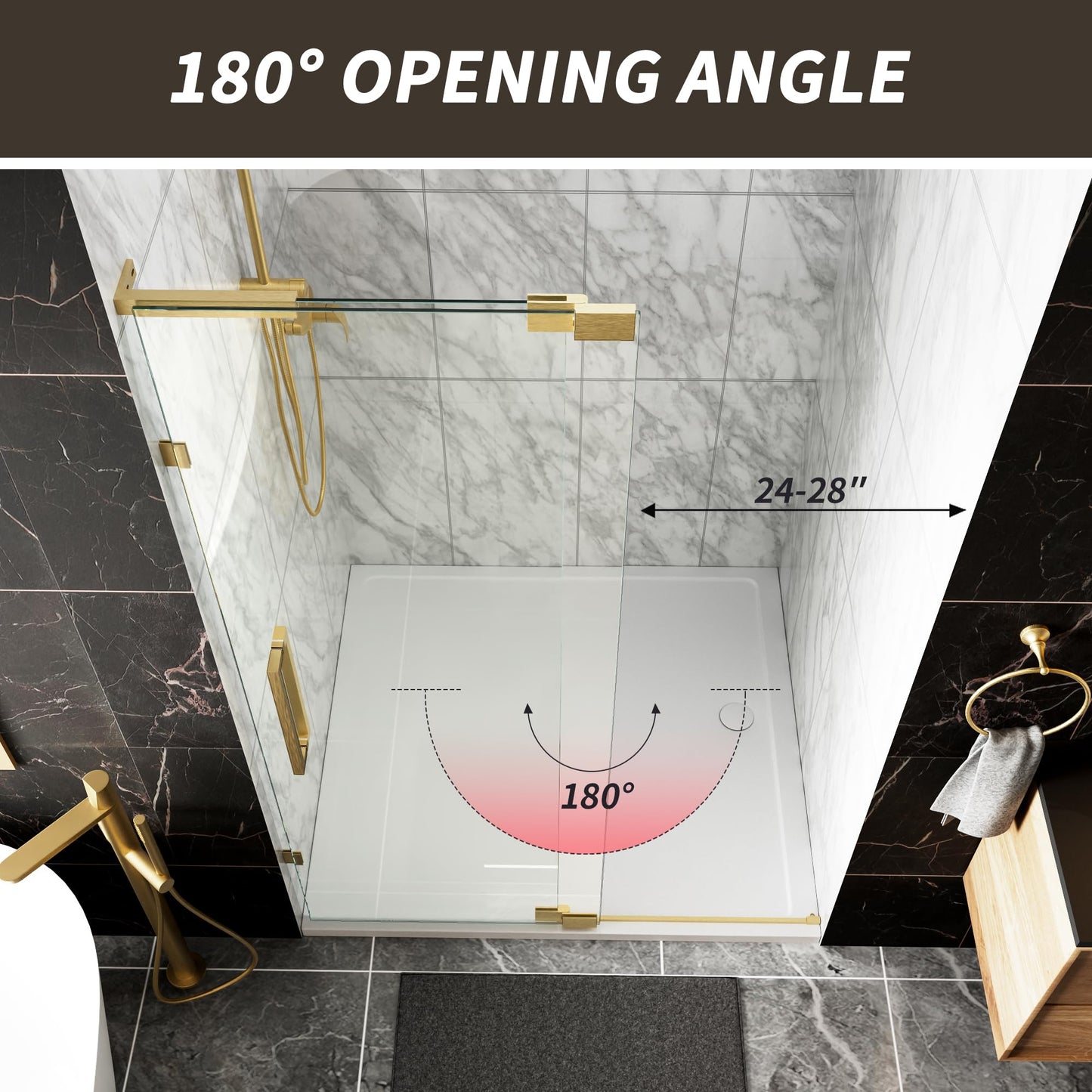 BILVOS 44-48" W x 70" H Frameless Pivot Shower Door, Semi-Frameless Hinged Shower Door with 5/16" (8mm) Clear SGCC Tempered Glass, Brushed Gold Pivot Shower Glass Door, Reversible Installation