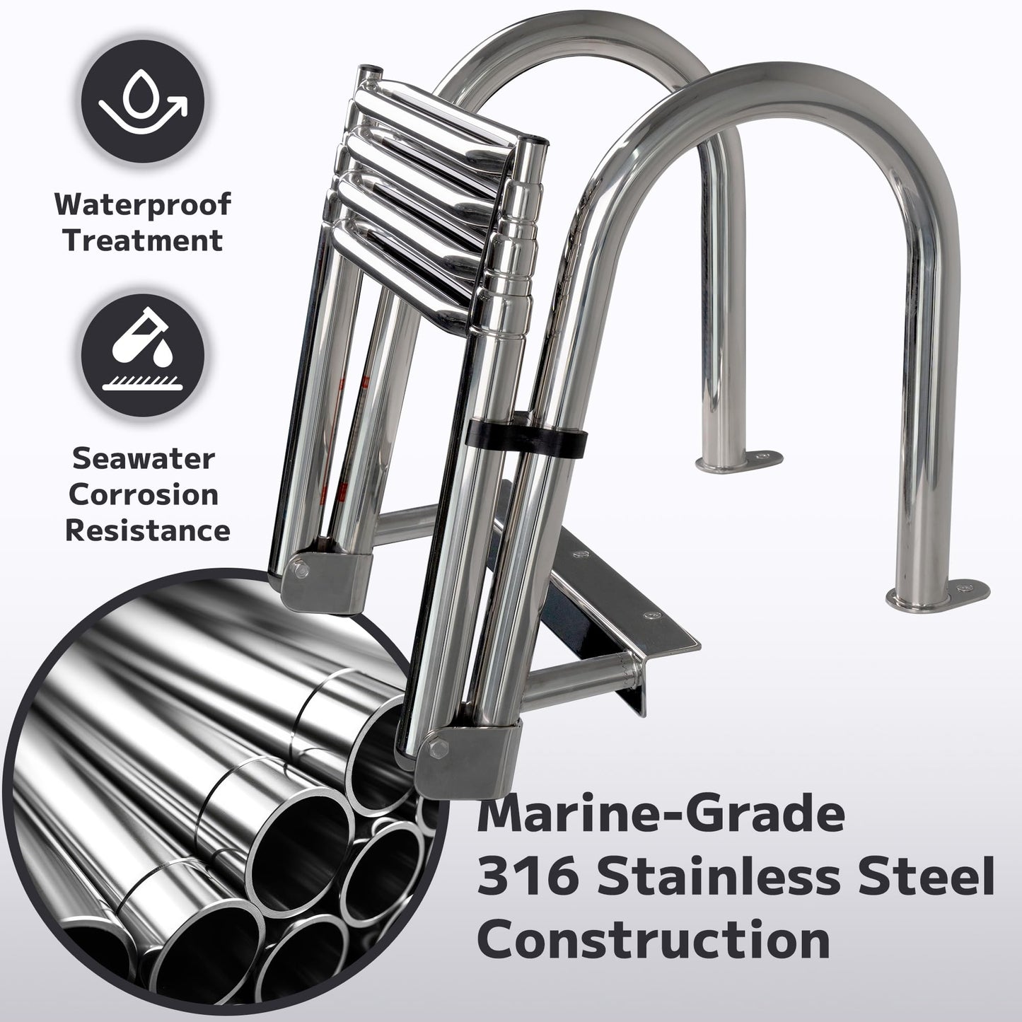 Manumarine 4 Step Heavy Duty 316 Stainless Steel Boat Ladder | Telescoping Folding Rear Entry Dock Swim Deck Ladder with Handrails & Extra Wide Steps, 600lbs Capacity Marine Grade