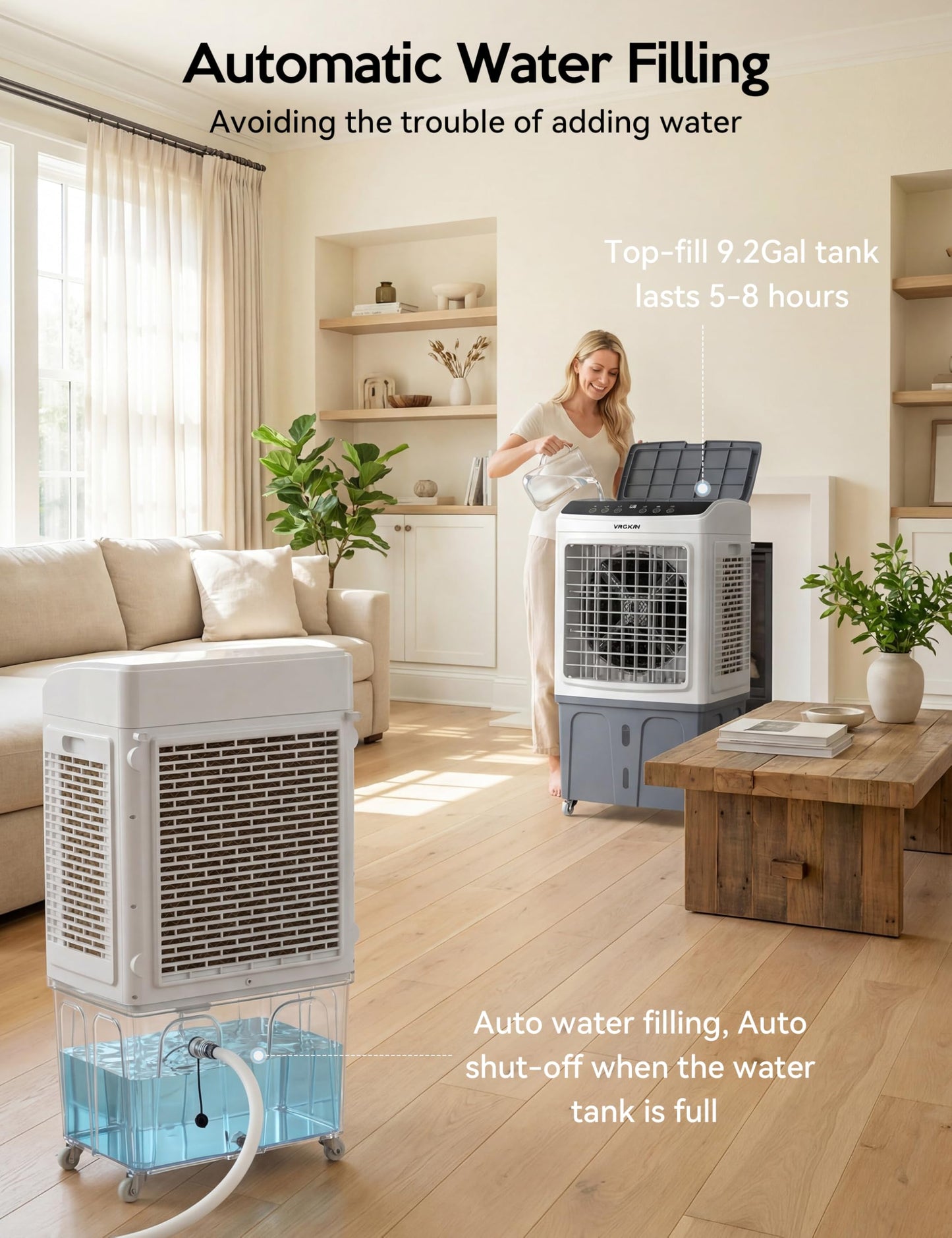 Evaporative Air Cooler, Outdoor Swamp Cooler Air Conditioner 3-IN-1 Cooling Fan with Remote Control Water Self-filling, 24H Time, 3 Modes & Wind for Garage, Yard, Commercial Use
