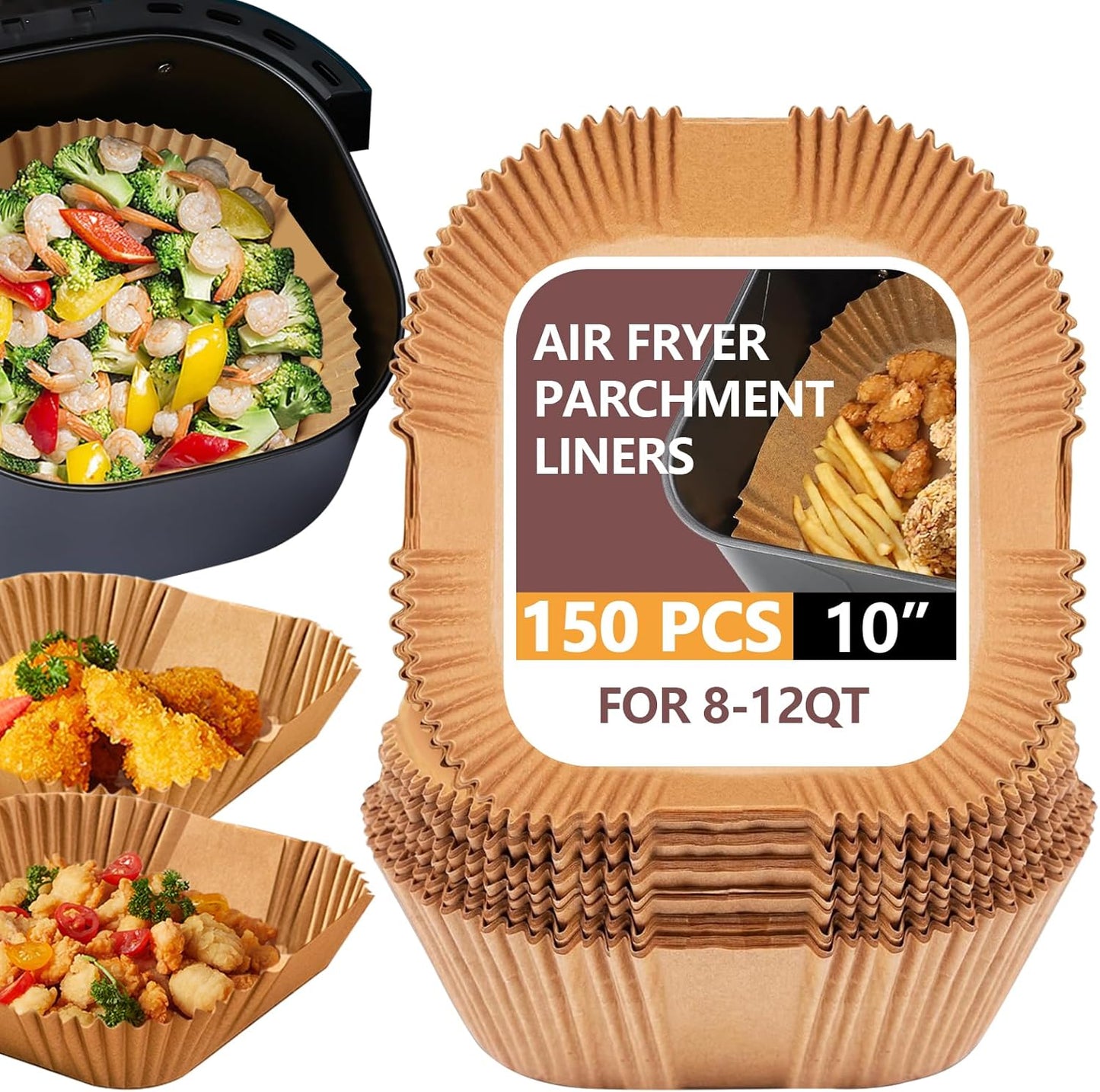 UBeesize XL 10-Inch Air Fryer Paper Liners - 150 PCS Non-Stick Disposable Parchment Sheets | 9-Inch Bottom Size