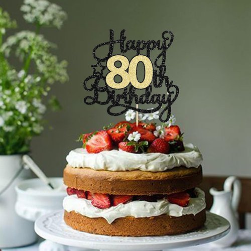 Happy 80th Birthday Cake Topper by [Brand Name] - Black Gold Glitter Cheers to 80 Years Decoration