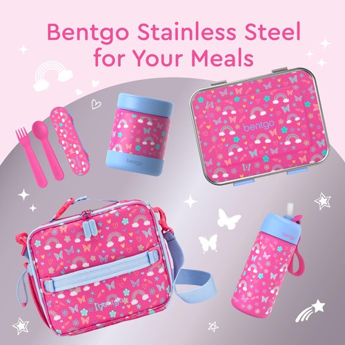 Bentgo Kids Stainless Steel Food Jar - 11oz Leak-Proof Double Insulated Hot or Cold Food Container with Removable Silicone Bumper, Dishwasher Safe, Easy Open Lid, Ages 3+ (Rainbows and Butterflies)