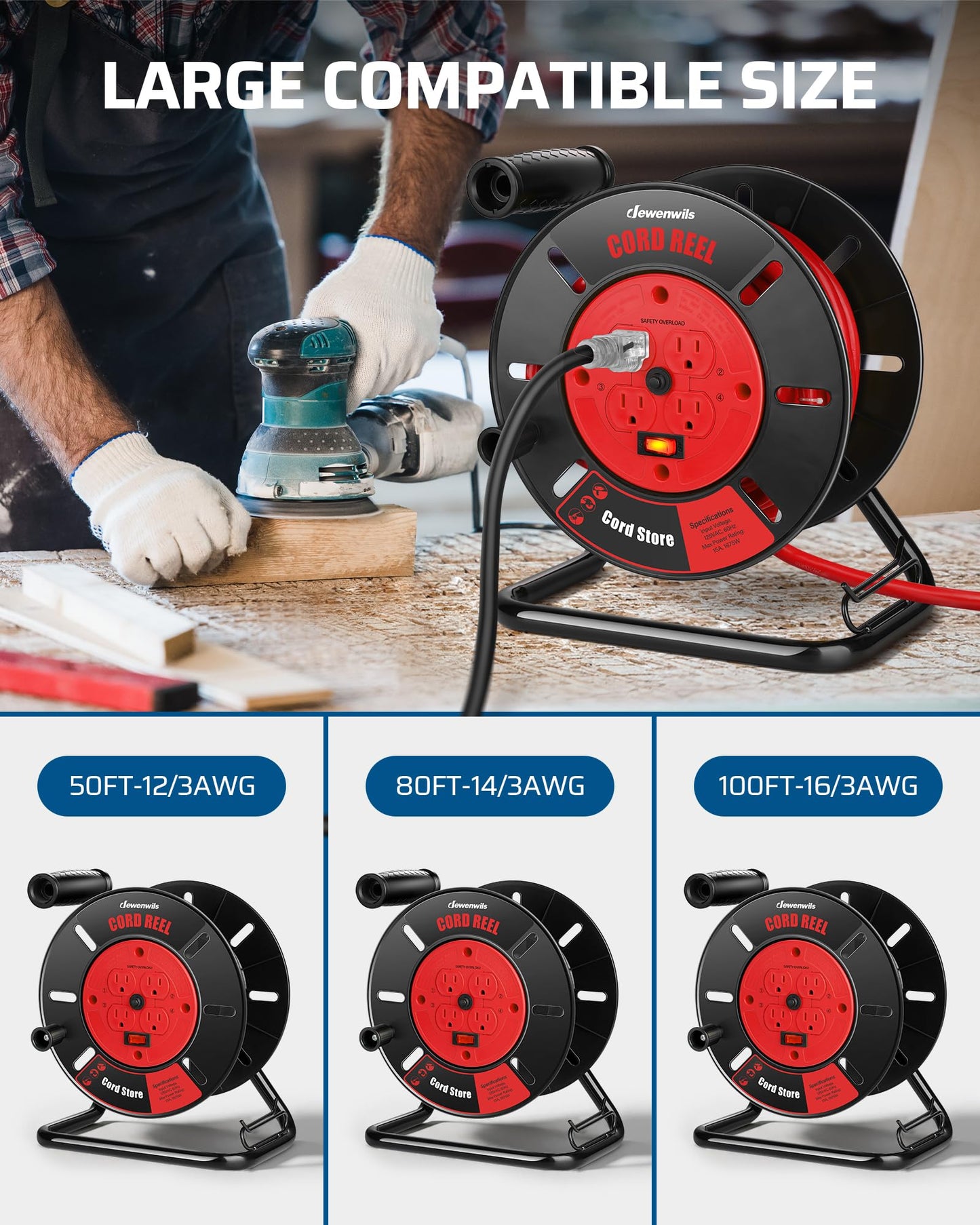 DEWENWILS Extension Cord Storage Reel with 4-Grounded Outlets, Heavy Duty Open Cord Reel for 12/3,14/3,16/3 Gauge Power Cord, Hand Wind Retractable, 15A Circuit Breaker, Rocker Power Switch