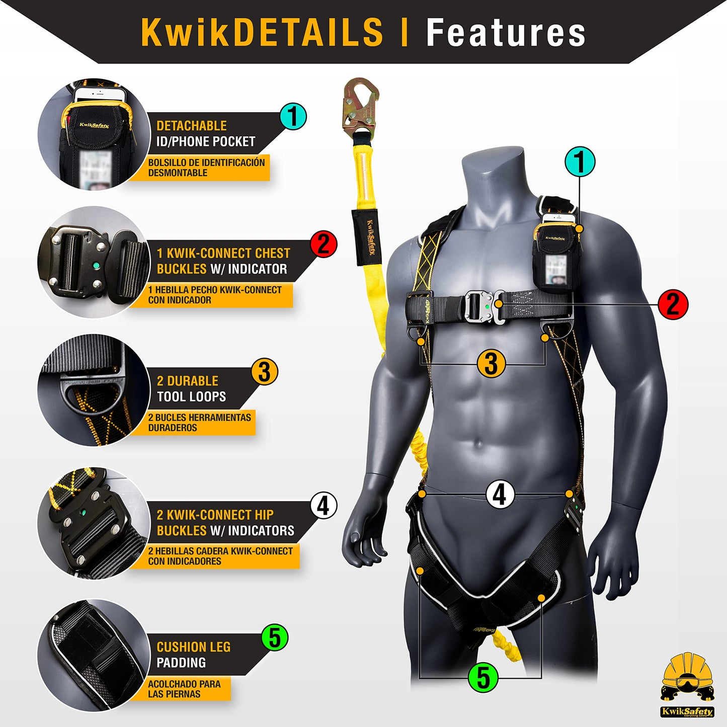 KwikSafety SCORPION DiamondBACK Safety Harness | Full Body Fall Protection Harness w/ 6ft Lanyard | Construction Roofing Gear | OSHA ANSI Compliant PPE