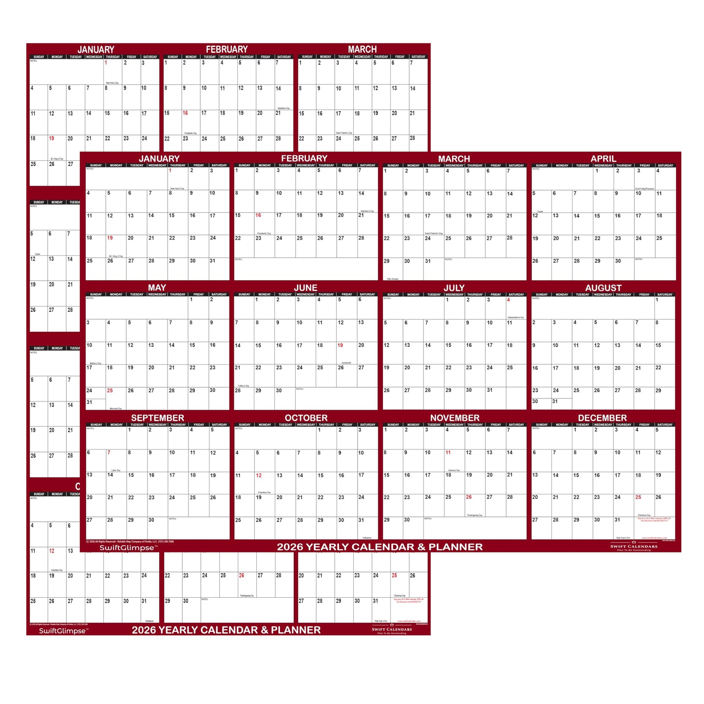 24" x 36" SwiftGlimpse 2026 Wall Calendar Erasable Large Wet & Dry Erase Laminated 12 Month Annual Yearly Wall Planner, Reversible, Horizontal/Vertical, Maroon