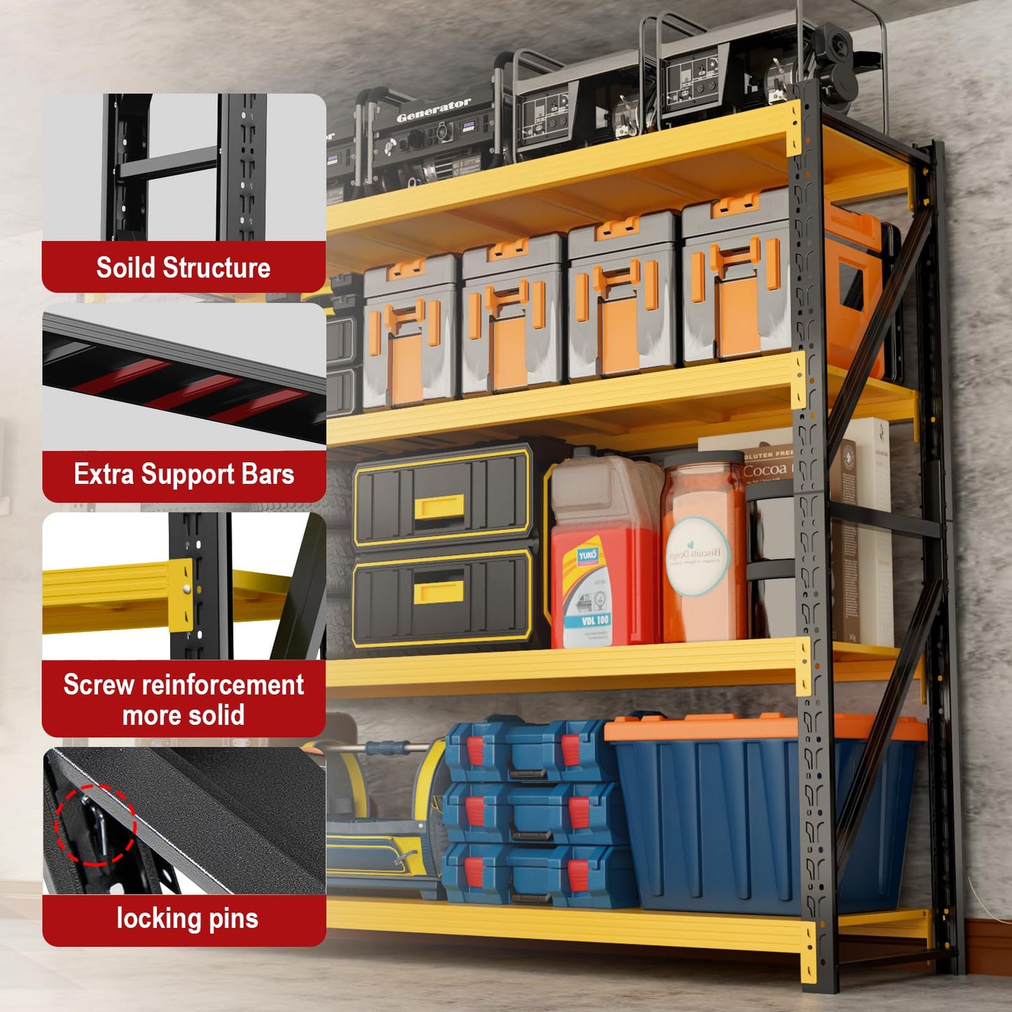 SXJJAR 48” W Storage Shelves 4000LBS Garage Metal Shelving Heavy Duty 4-Tier Adjustable Storage Shelves Industrial Shelving Unit for Garage, Basement, 48" W X 24" D X 79" H Yellow