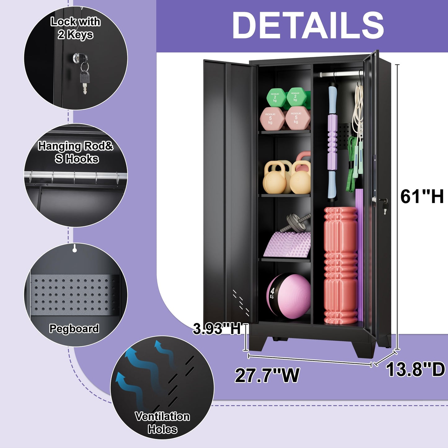 VASAAOSD 61IN Home Gym Storage Cabinet for Kettlebells, Yoga Mat and Balls, Workout Equipment Storage Organizer with Lock Doors, Dumbbell Rack Cabinet, Weight Rack for Dumbbells