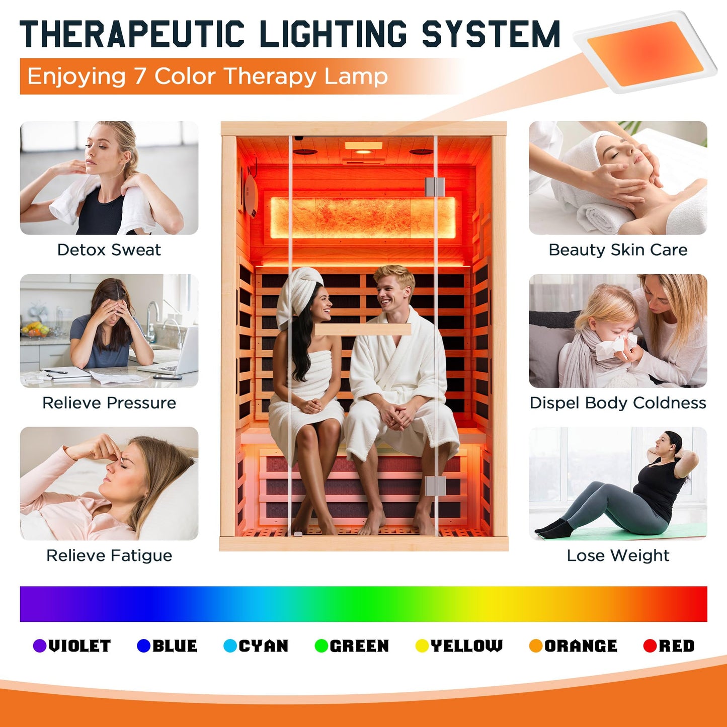 Albott Infrared Sauna 2 Person, Infrared Saunas for Home, Low EMF 110V Hemlock Wood Dry Sauna with Tourmaline Foot Warmer, 7-Color Light Therapy & Salt Crystal Bricks, 47.2"x34.2"x70.9"