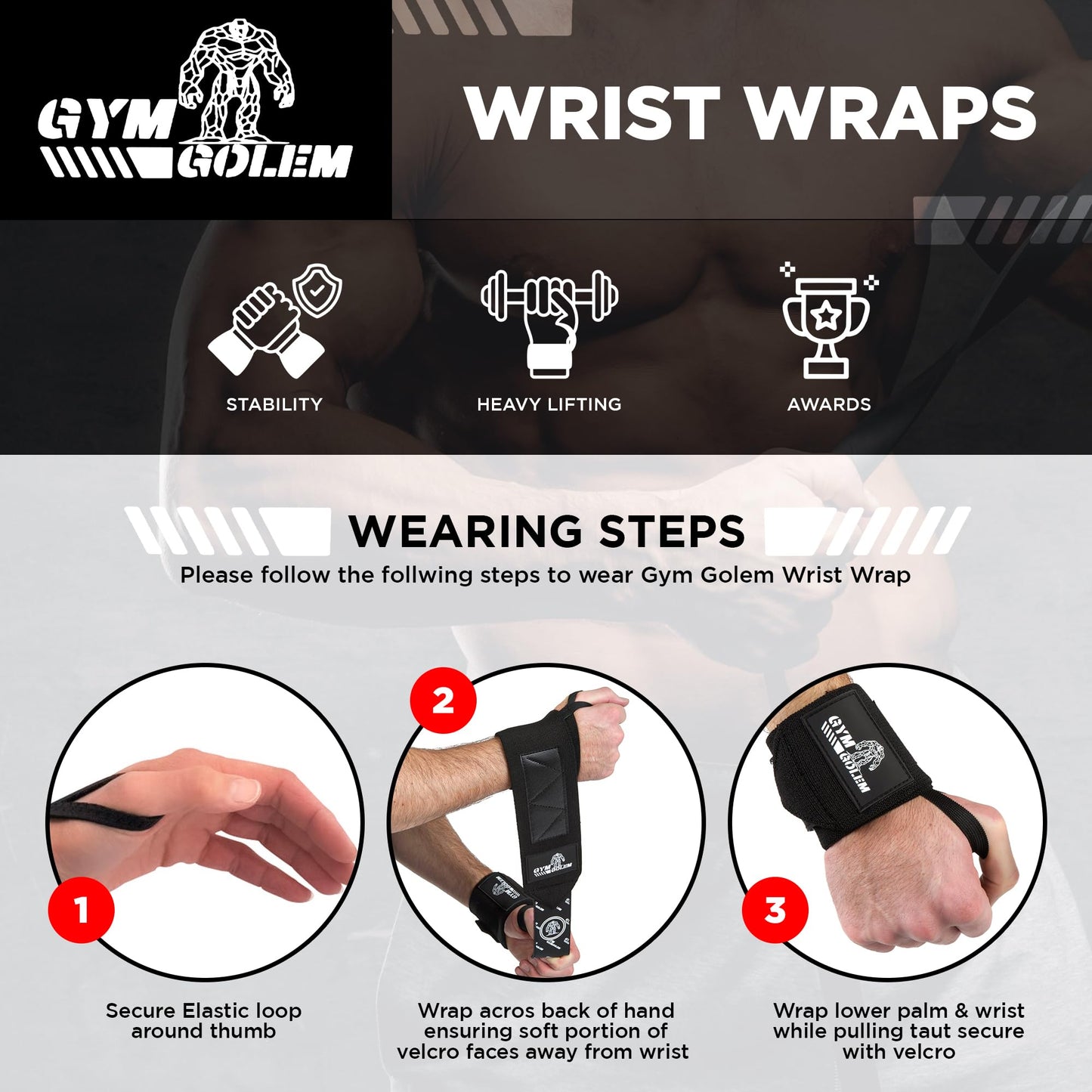 GYM GOLEM Wrist Wraps - 18-Inch Premium Support Wraps with Thumb Loop for Powerlifting, Bodybuilding & CrossFit "Pink" (1 Pair)