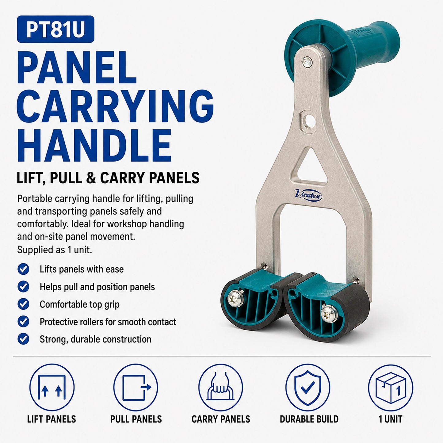 Virutex PT81U Panel Carrier & Plywood Carrying Tool – Drywall & PVC Sheet Lifter, 46mm / 1.81" Capacity, 70kg Load, Ergonomic Aluminum Handle