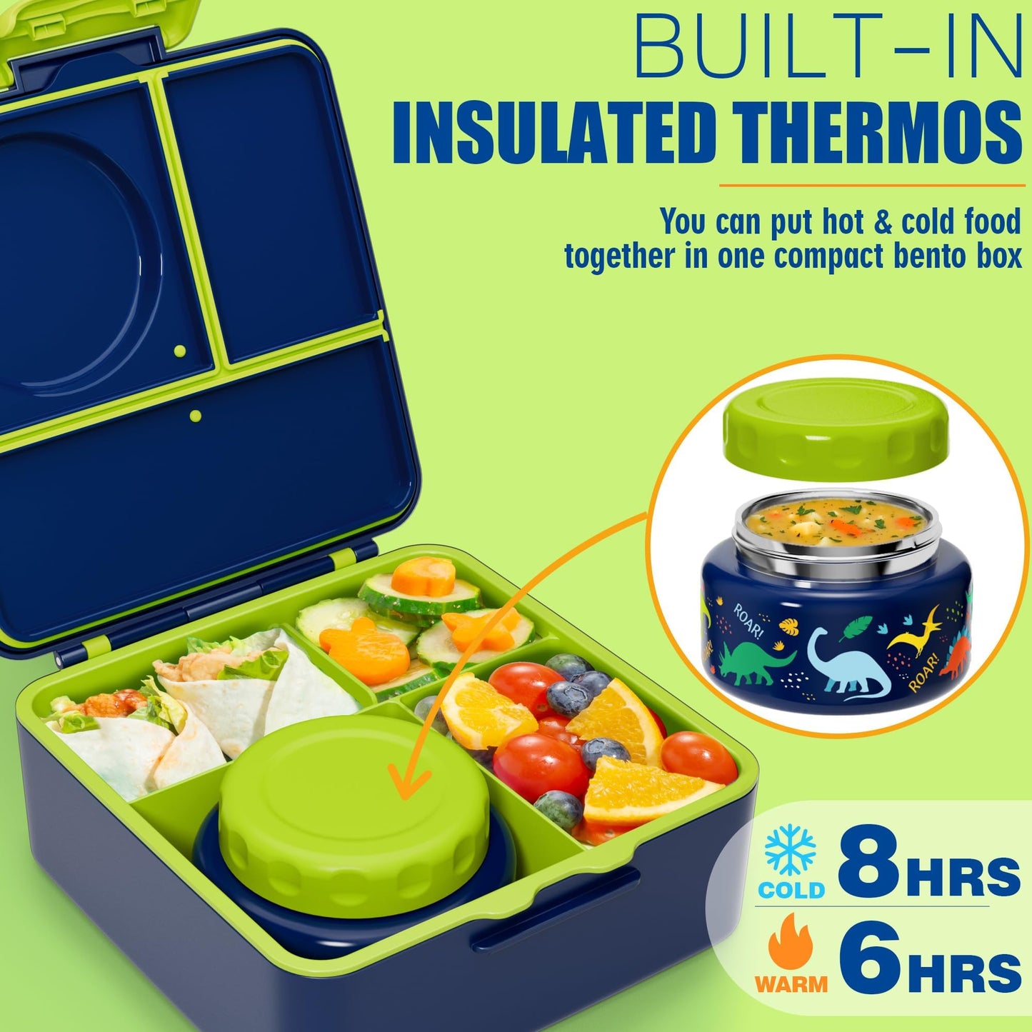 Fimibuke Kids Bento Lunch Box with Thermo, Leakproof Toddler Bento Box with 8.5OZ Insulated Food Jar, Lunch Bag & Utensils BPA Free Dishwasher Safe 3 or 4 Compartment Container for School Girls Boys