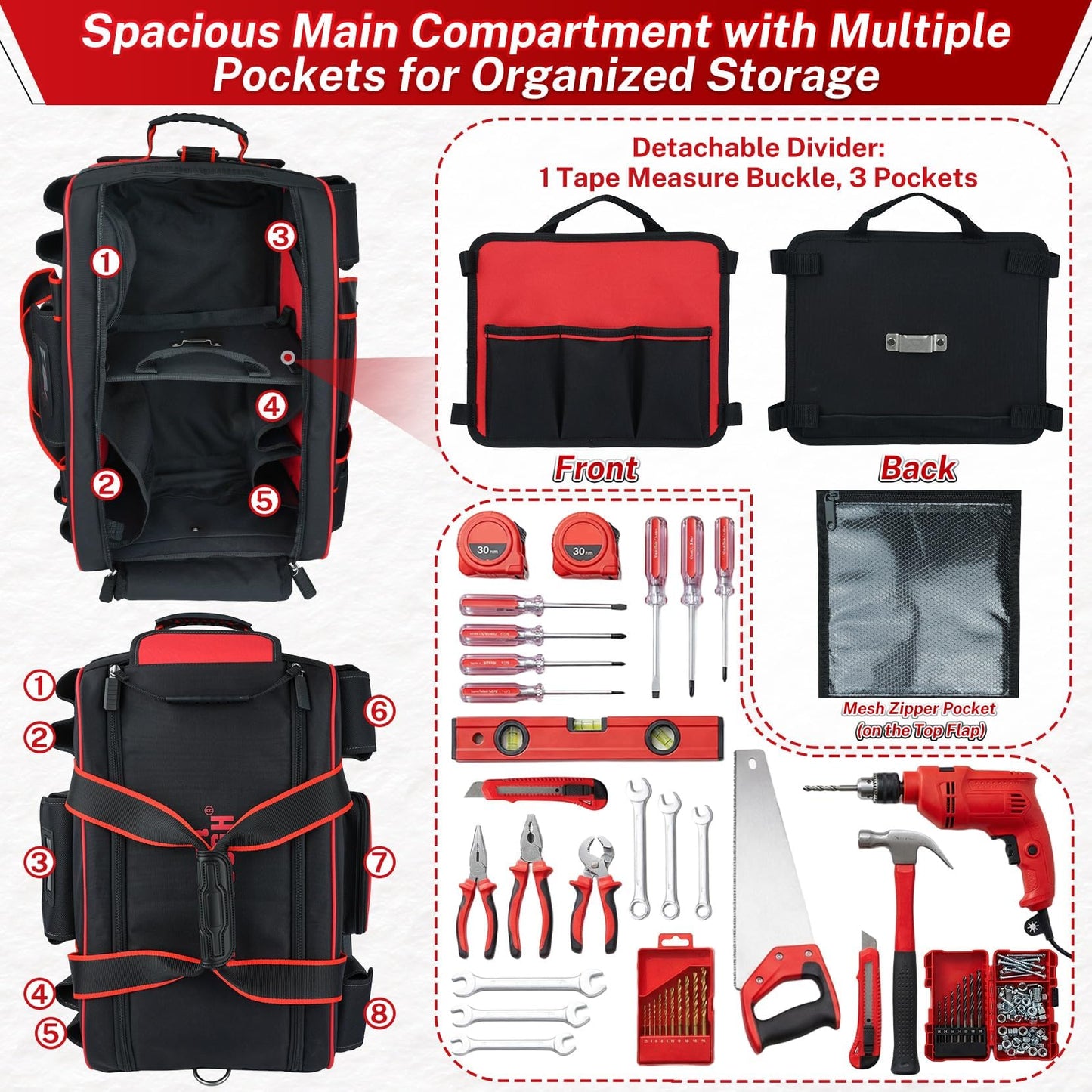 MELOTOUGH Heavy Duty Framing Nail Gun Tool Bag with Extra Storage Pockets Shoulder Strap, Rolling Tool Bag with Wheels, Concealed Telescoping Handle, Multi-Pocket Organizer