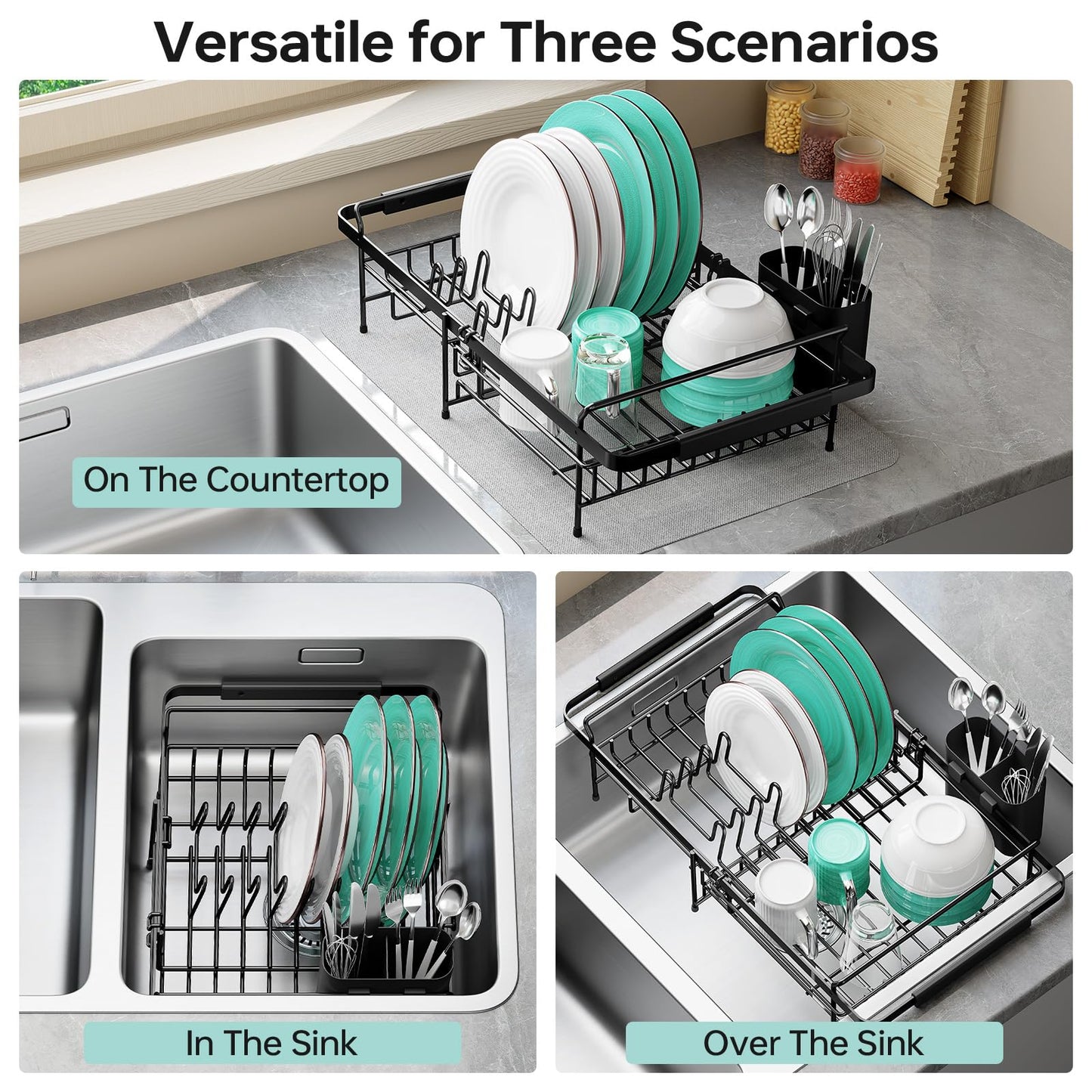 Urackify Dish Drying Rack in Sink - Expandable (14.5''-18''L) Over The Sink Dish Rack with Utensil Holder, Space-Saving Dish Drainer for Kitchen Counter, 1 Piece, Matte Black