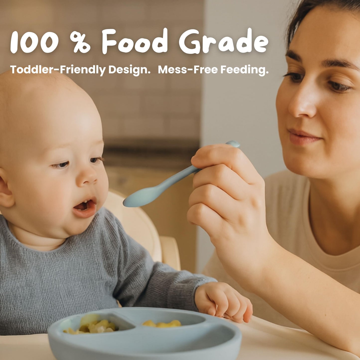 Silicone Baby Feeding Set 7-Piece Baby-Led Weaning Kit with Suction Plate & Bowl, Snack & Straw Cup with Handles, Bib & Utensils | BPA-Free, Microwave & Dishwasher Safe | Smoky Blue