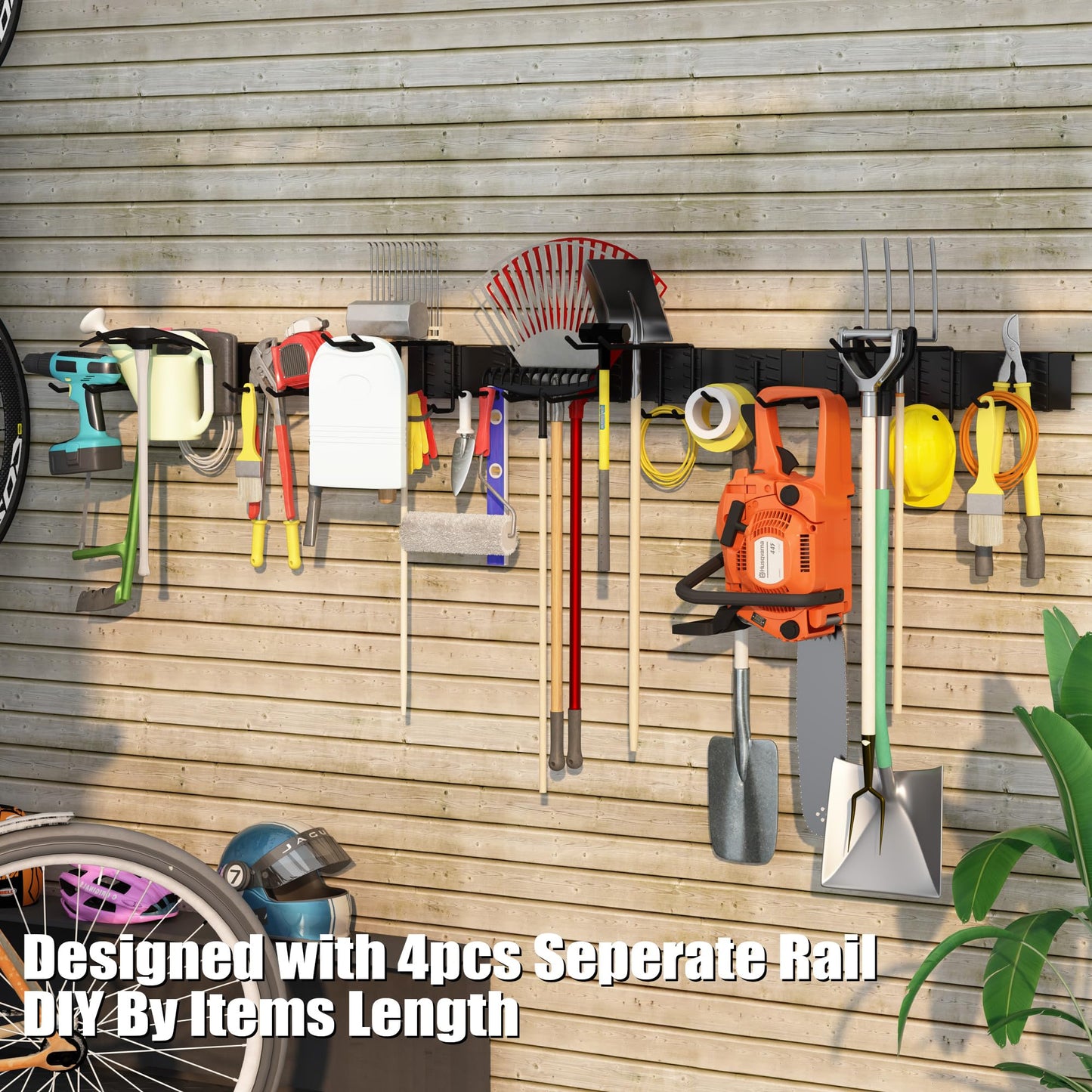 Howzone 64 Inches Garage Organization, Wall Mount Garden Tool Organizer, 880lbs Adjustable Heavy Duty Metal Hanging Hooks, Garden Tool Storage Rack for Garage, Yard, and Shed (4 Racks, 12 Hooks)