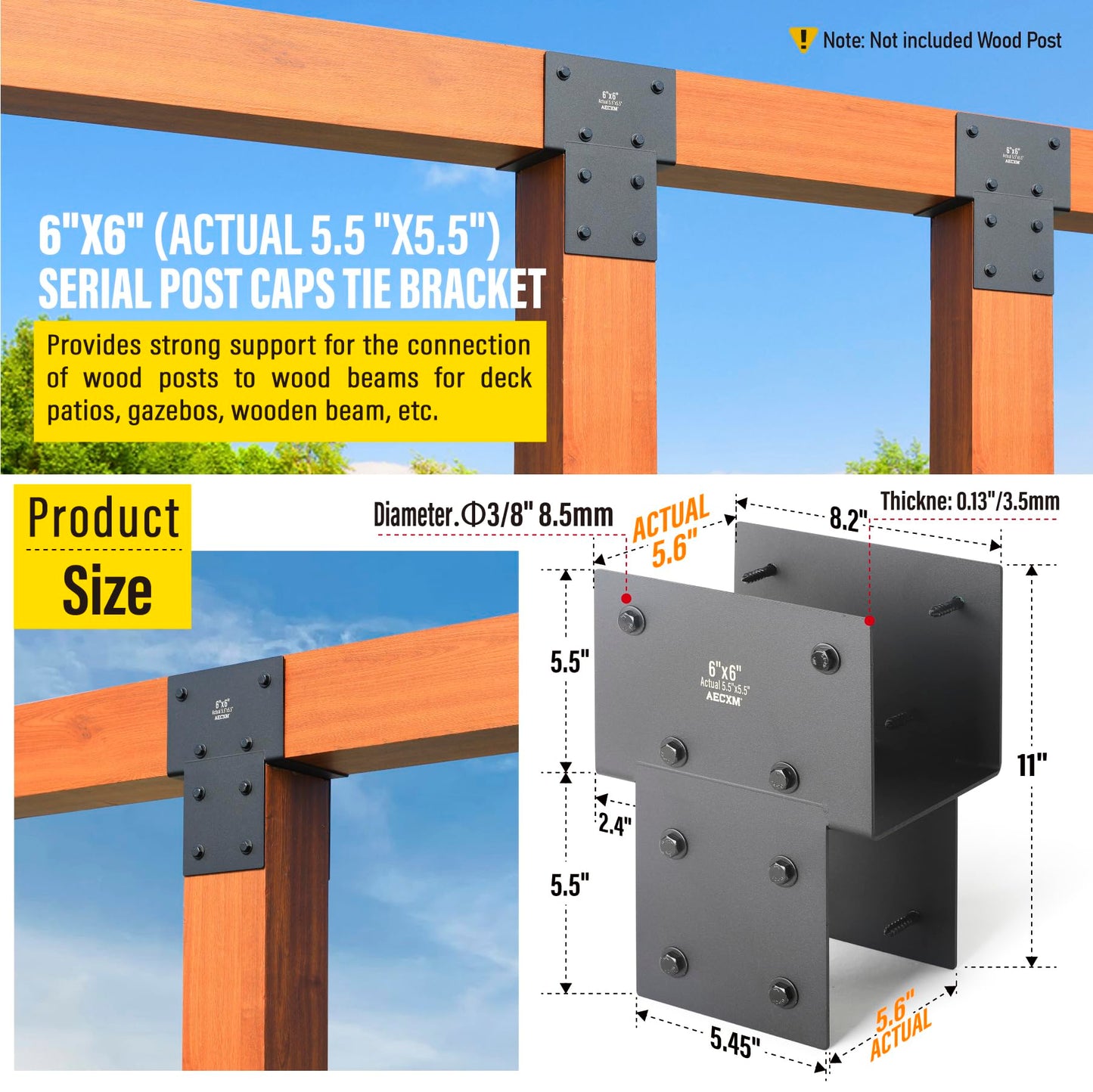 6"x6" (Actual 5.5"x5.5") Heavy Duty Post Caps Tie Brackets for Wood, Deck Post to Beam Connector Bracket（Serial Post） 1Pack