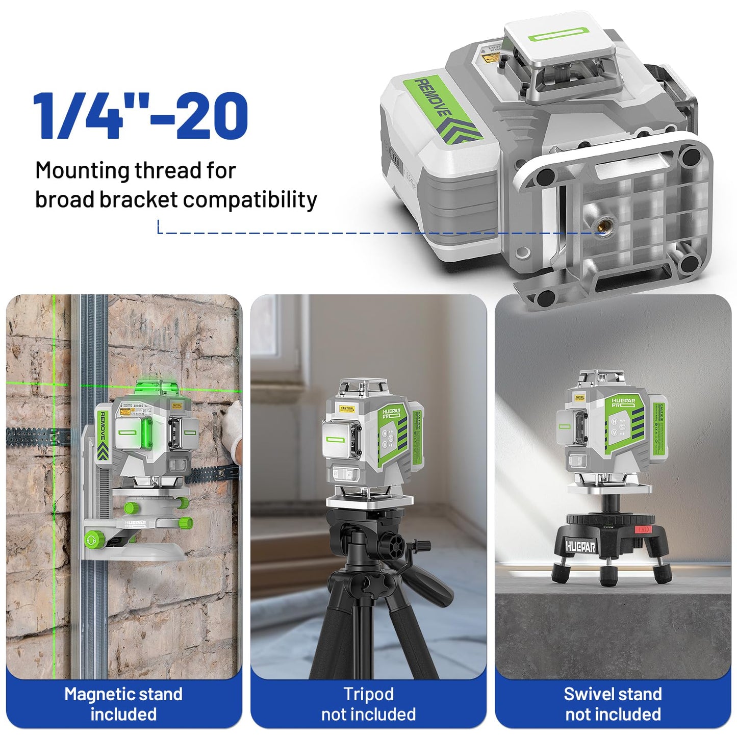 Huepar Pro Laser Level 360 Self Leveling, 4x360° Green Cross Line Laser Tool with Remote Control & Rechargeable Battery, High Accuracy 4D Laser for Construction, Magnetic Bracket -ZK04CG
