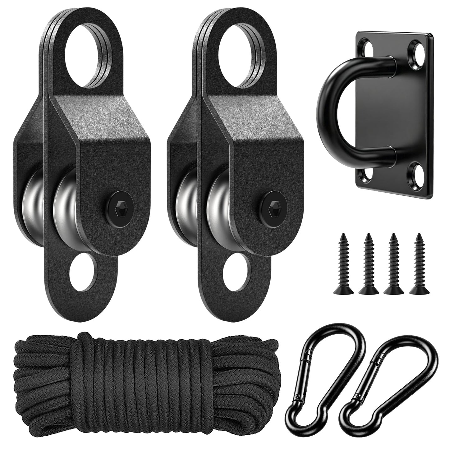 fshihine Black Pulley Block System Set Include 2 Double Pulley with Ball Bearing Inside, 16ft Nylon Rope, Eye Pad Plate and Spring Hooks, Pulley Wheel for Lifting, DIY Projects and Clothesline