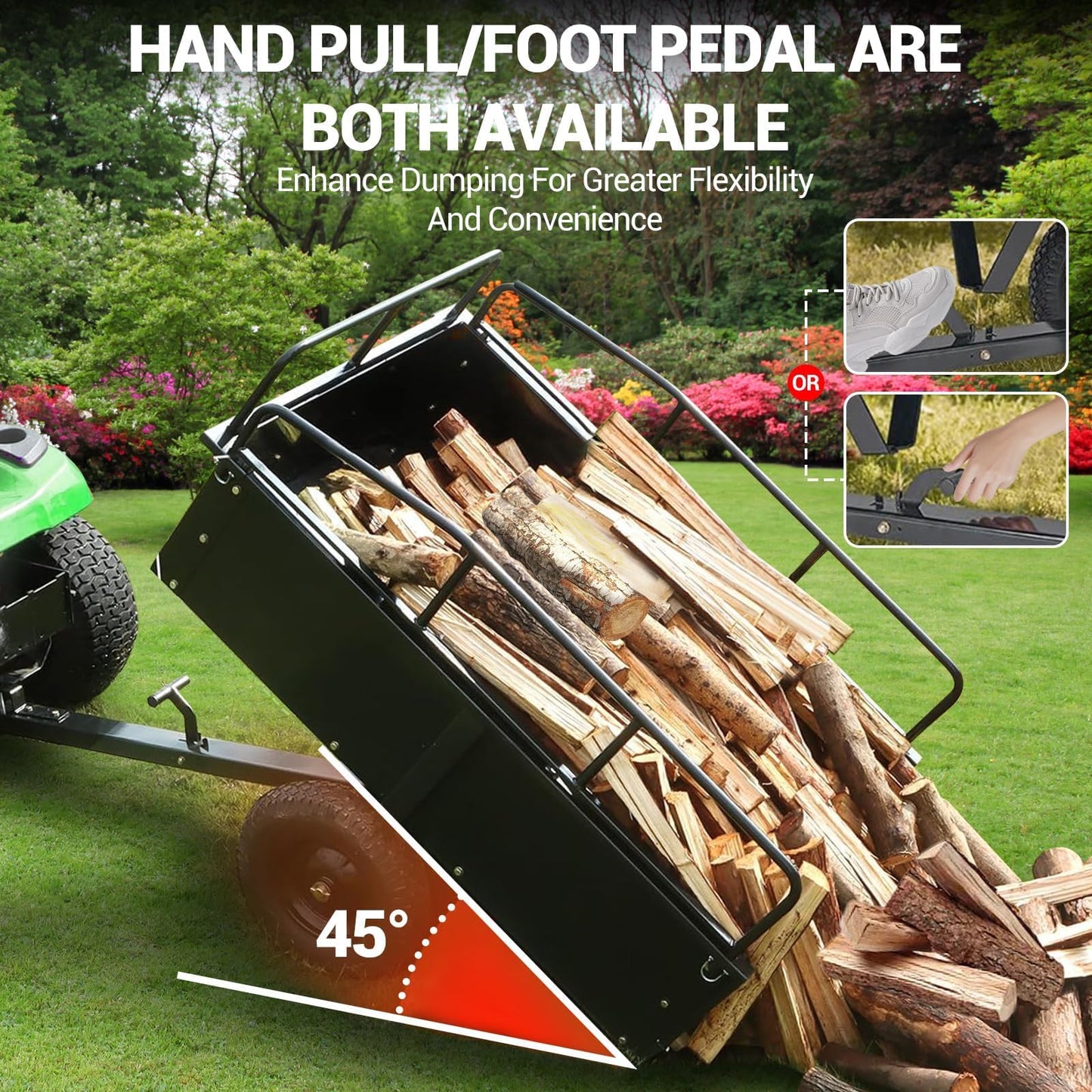 Garvee 750 LBS Garden Cart, 15 cu ft Heavy Duty Steel Dump Cart ATV Trailer with Removable Sides, Hand Pull or Foot Pedal Utility Trailer for ATV, UTV, Lawn Mowers and Tractors
