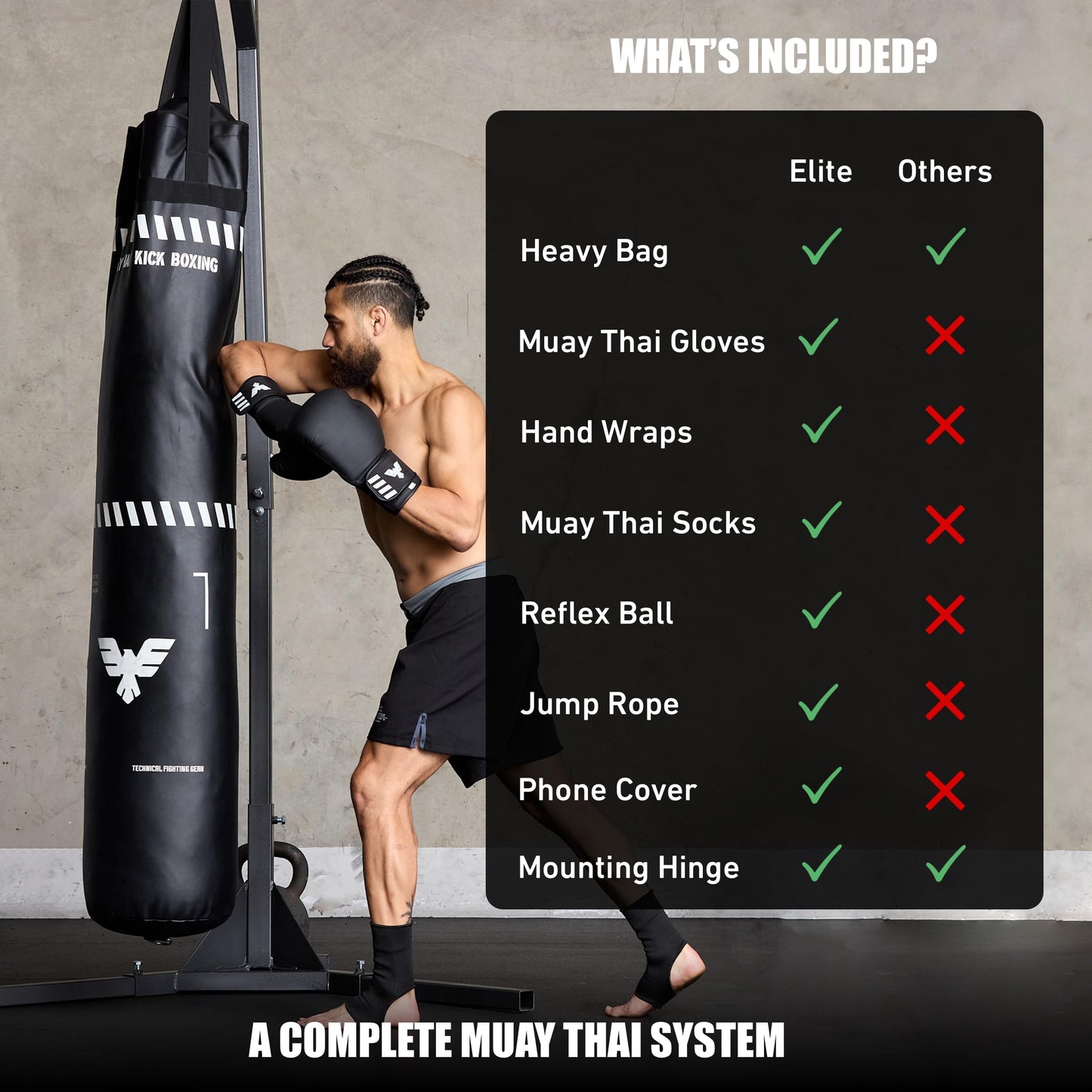 6 Ft Tall Muay Thai Punching Bag Set - Heavy Bag, Training Gloves, Hand Wraps for Kickboxing Heavy Bag, MMA 100 Lbs Bag (Unfilled)